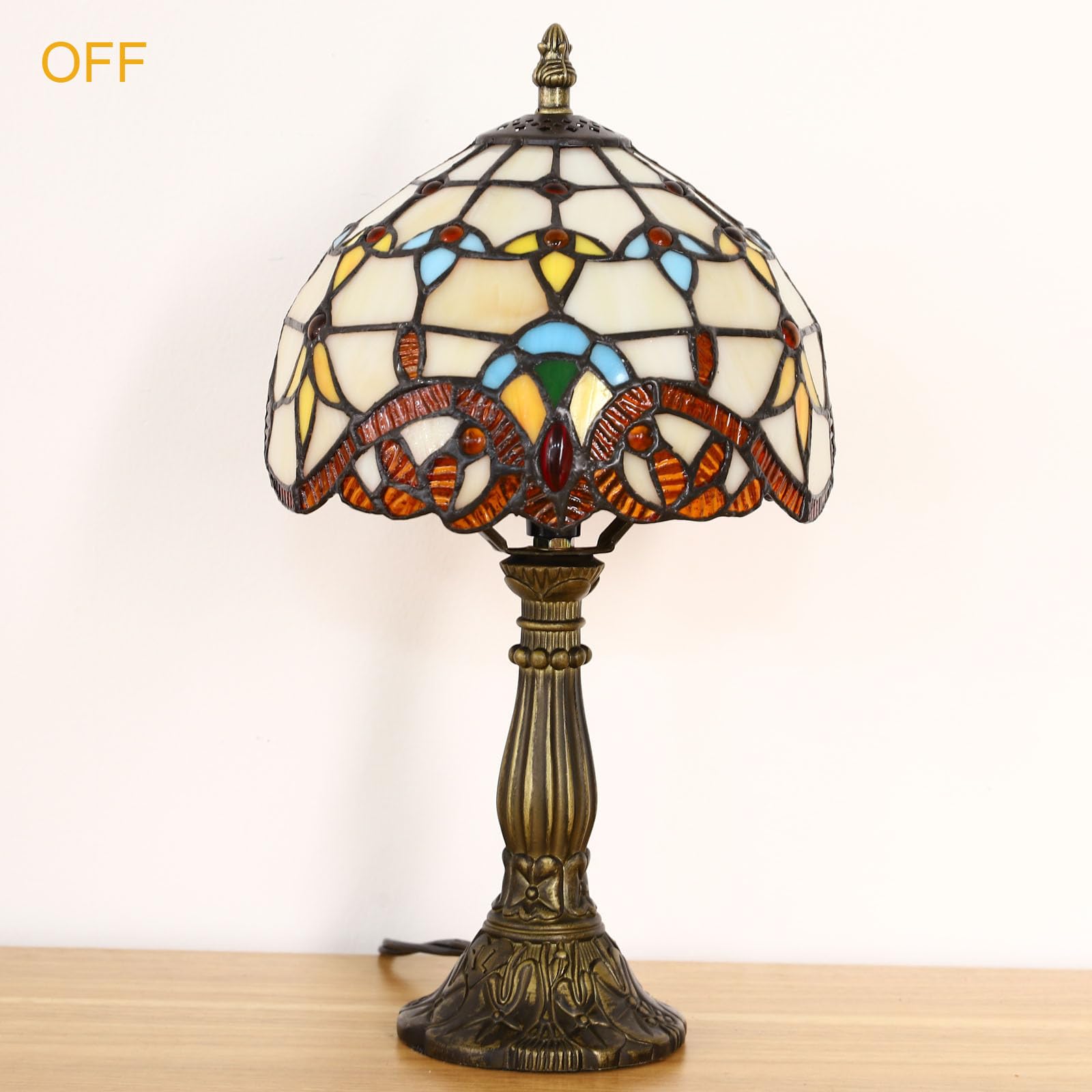 tuomoxte Tiffany Style Table Lamp - Baroque Stained Glass, 8 Inch Small Antique, Yellow, Includes LED Bulb, Model XK015