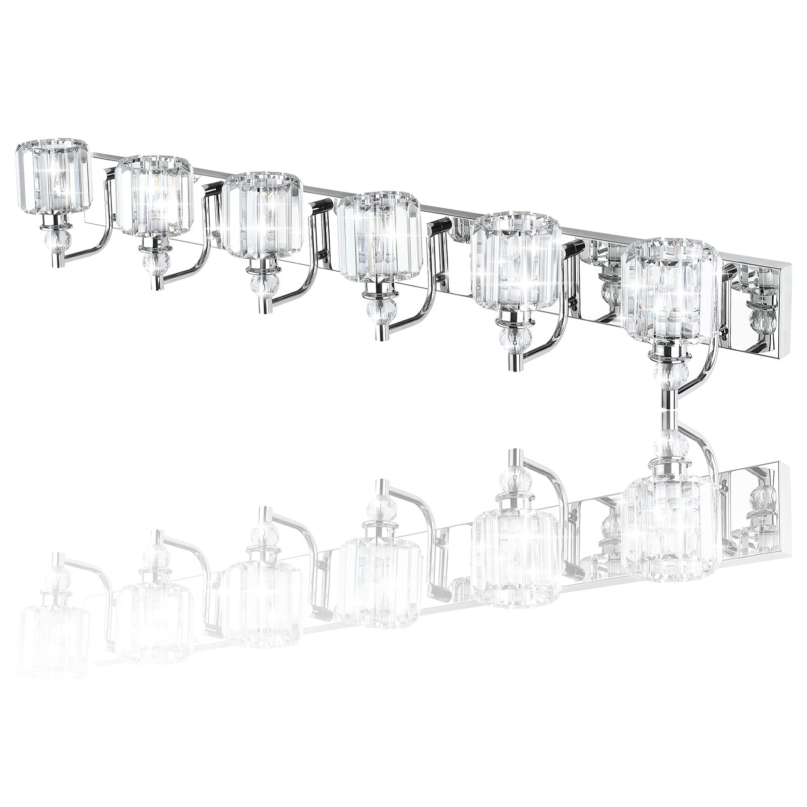 Ralbay 6-Light Crystal Vanity Lights - 48" Chrome Stainless Steel Bathroom Fixture, Model 8605, Modern Design for Wall Mounting