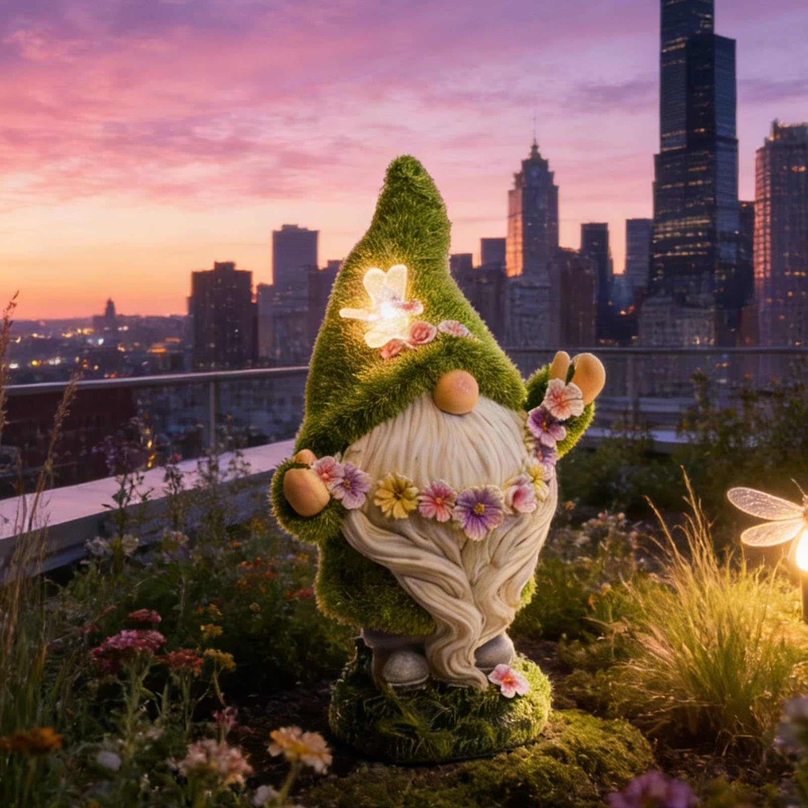 DiliComing Garden Flocked Gnomes Decor for Yard - Artificial Green Moss Gnome Statue with Solar Light, Dwarf Sculpture for Outdo