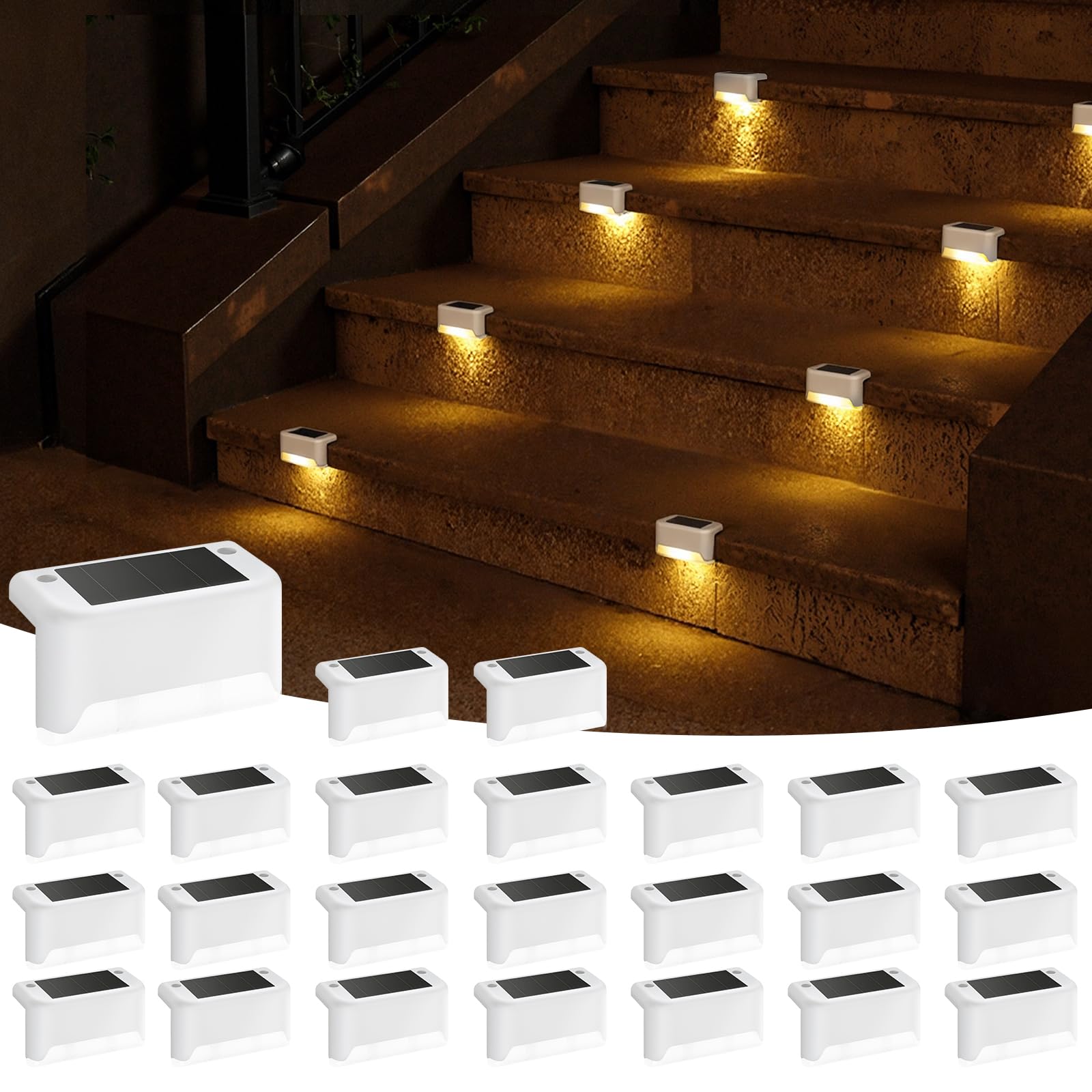 APONUO Solar Deck Lights, 24 Pcs Waterproof LED Fence Lamps, Warm White, for Patio, Garden, Steps, Model 18345BDR-W-24PK