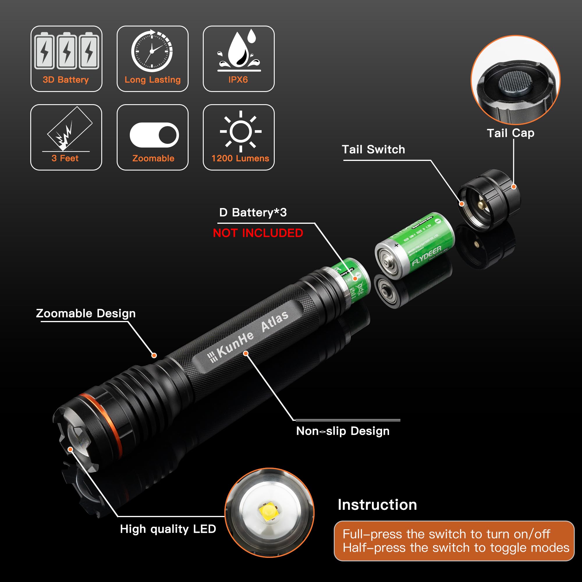 Kunhe Large Heavy Duty Flashlight, Led, Aluminum, Battery Powered, 3 D Cell Batteries, Tactical, High Lumens, 1-Pack, For Home,