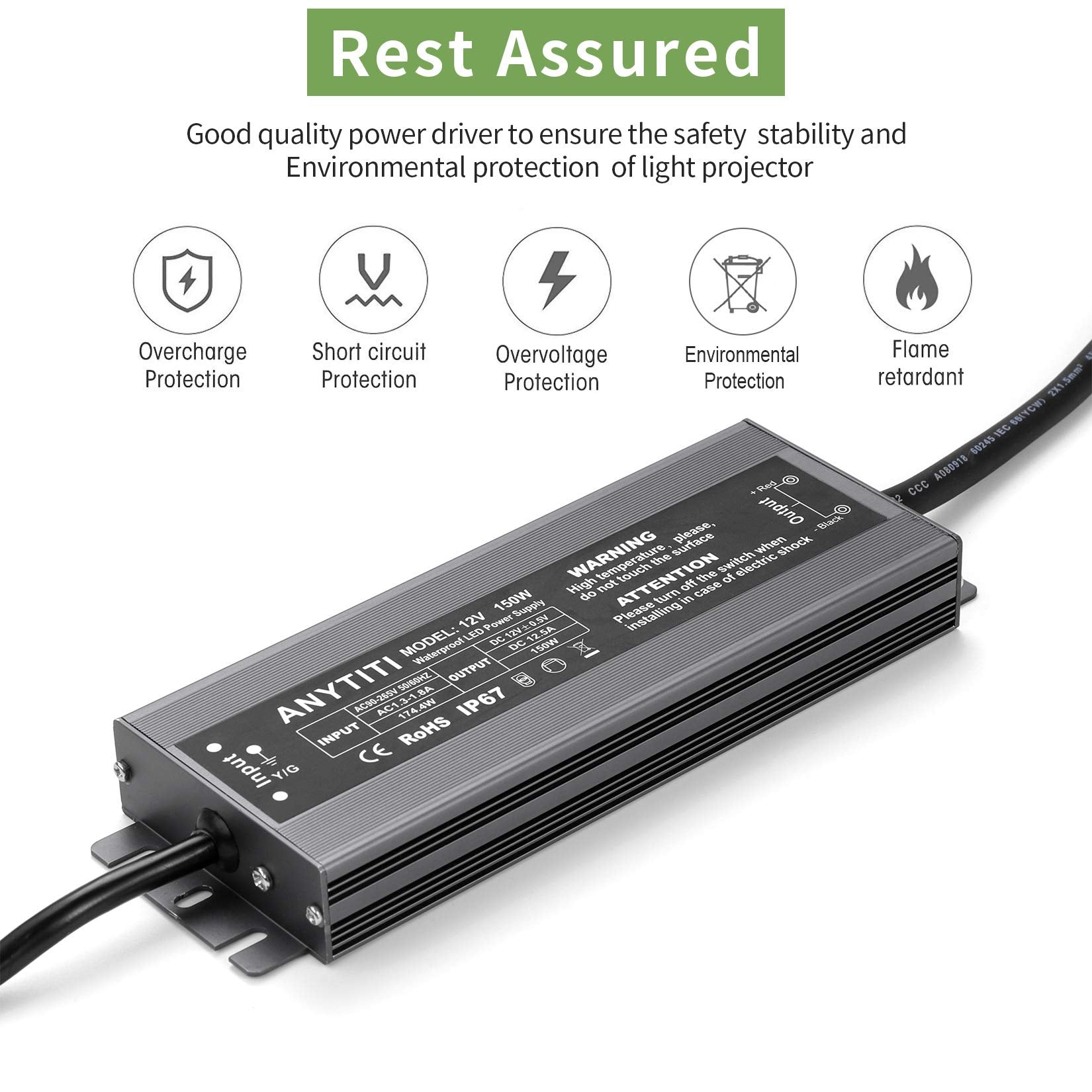 ANYTITI LED Driver,LED Power Supply IP67 Waterproof Output 150W DC12V 12.5A 3-Prong Plug 4.5feet