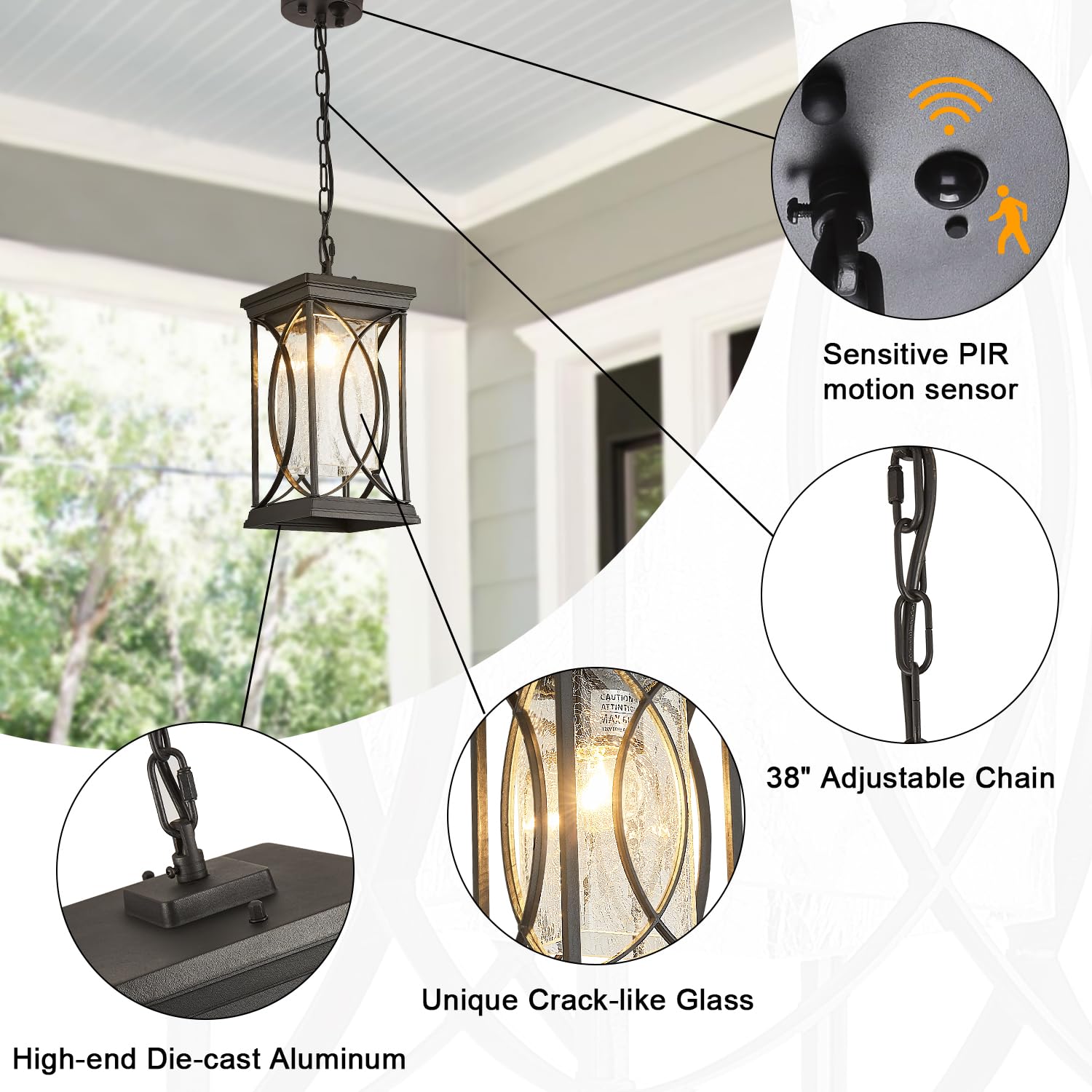Delicavy Motion Outdoor Pendant Light, Black Aluminum Dusk To Dawn Ceiling Lantern For Porch