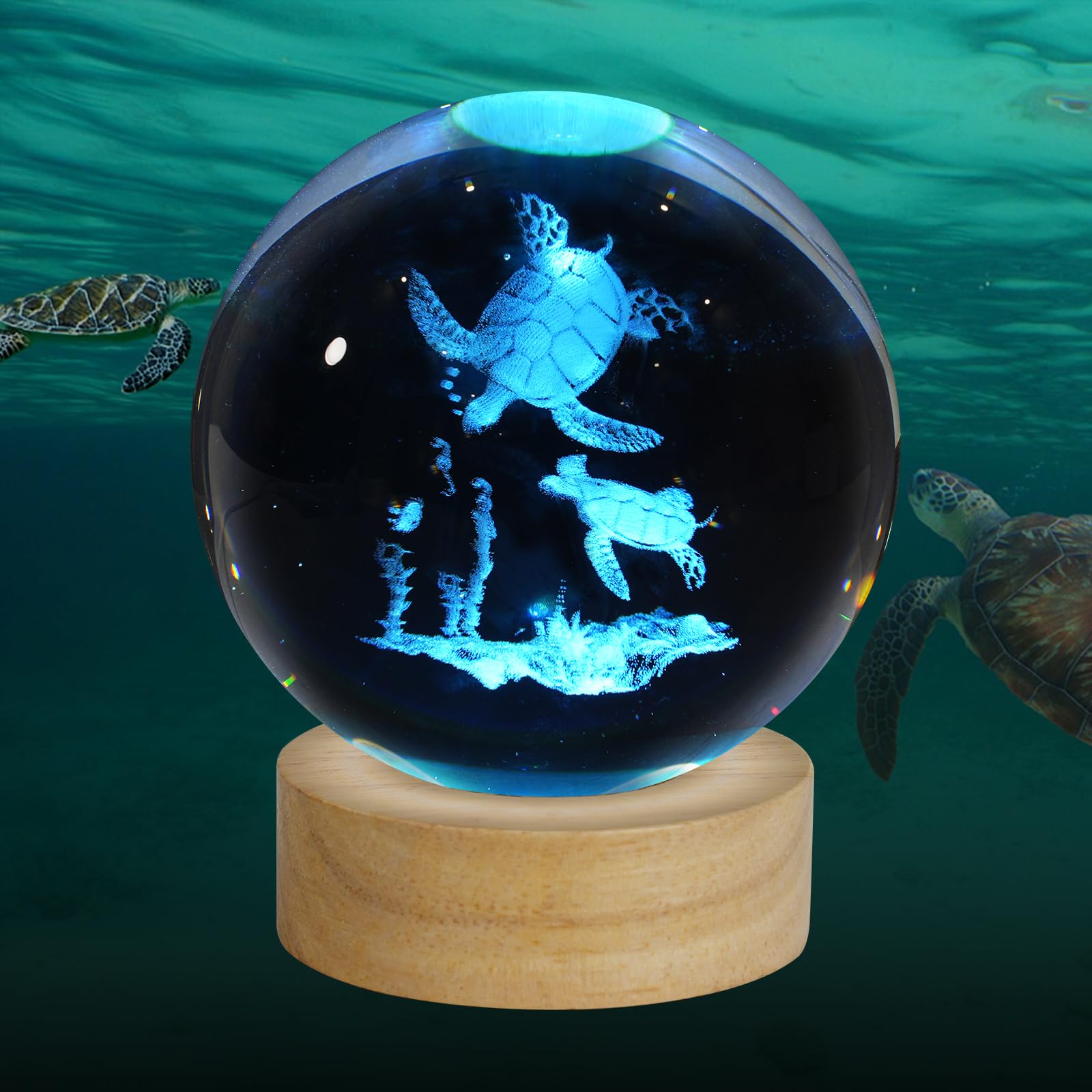 ZXBLAQ 3D Sea Turtles Crystal Ball Night Light, Upgraded 3.15 Inch Glass Ball Lamp with 16 Color LED Wooden Base, Sea Turtles De