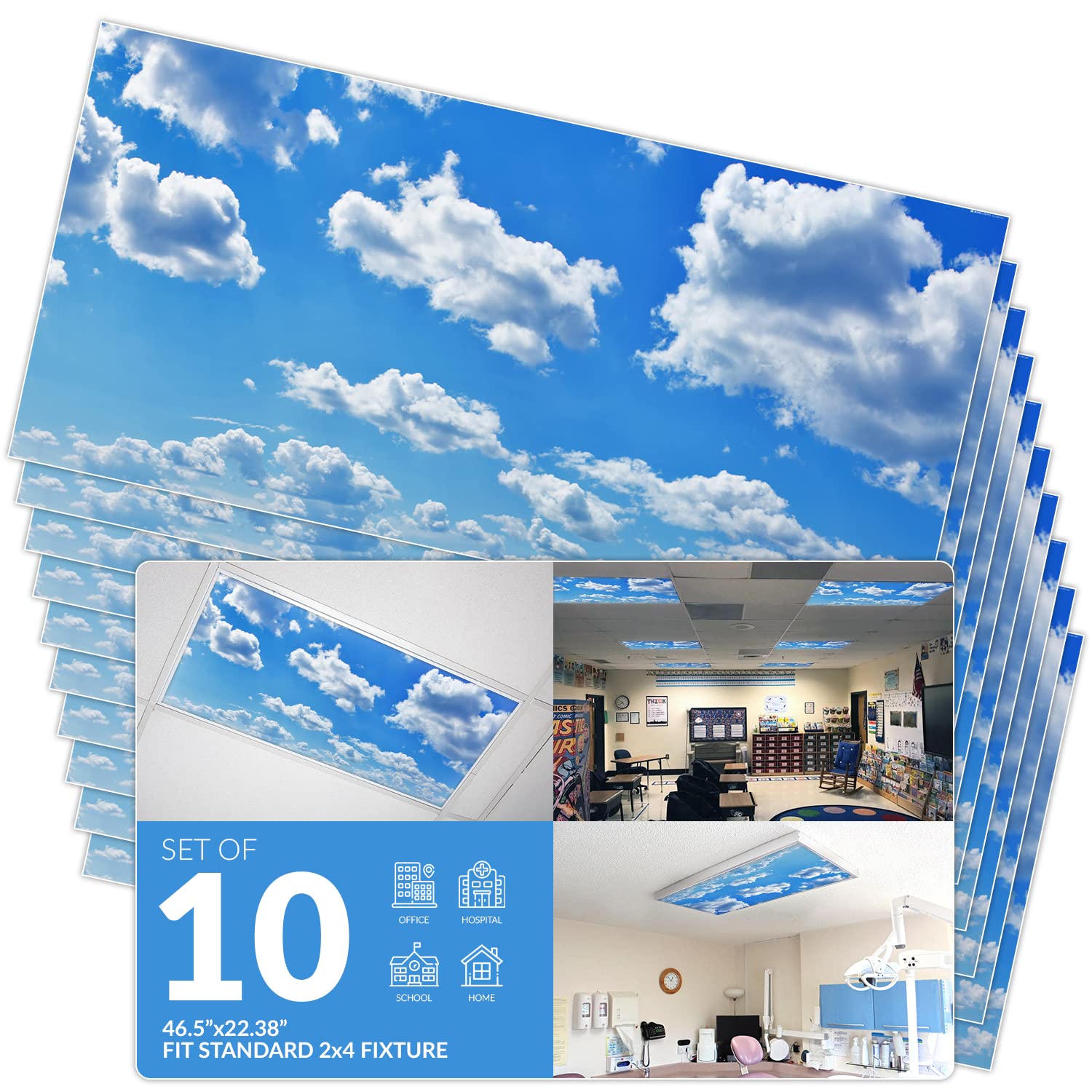 OCTO LIGHTS Fluorescent Light Covers, Backlit Film, 10 Pack, 2x4 ft, Cumulus Mediocris, Model CLD-001-2x4