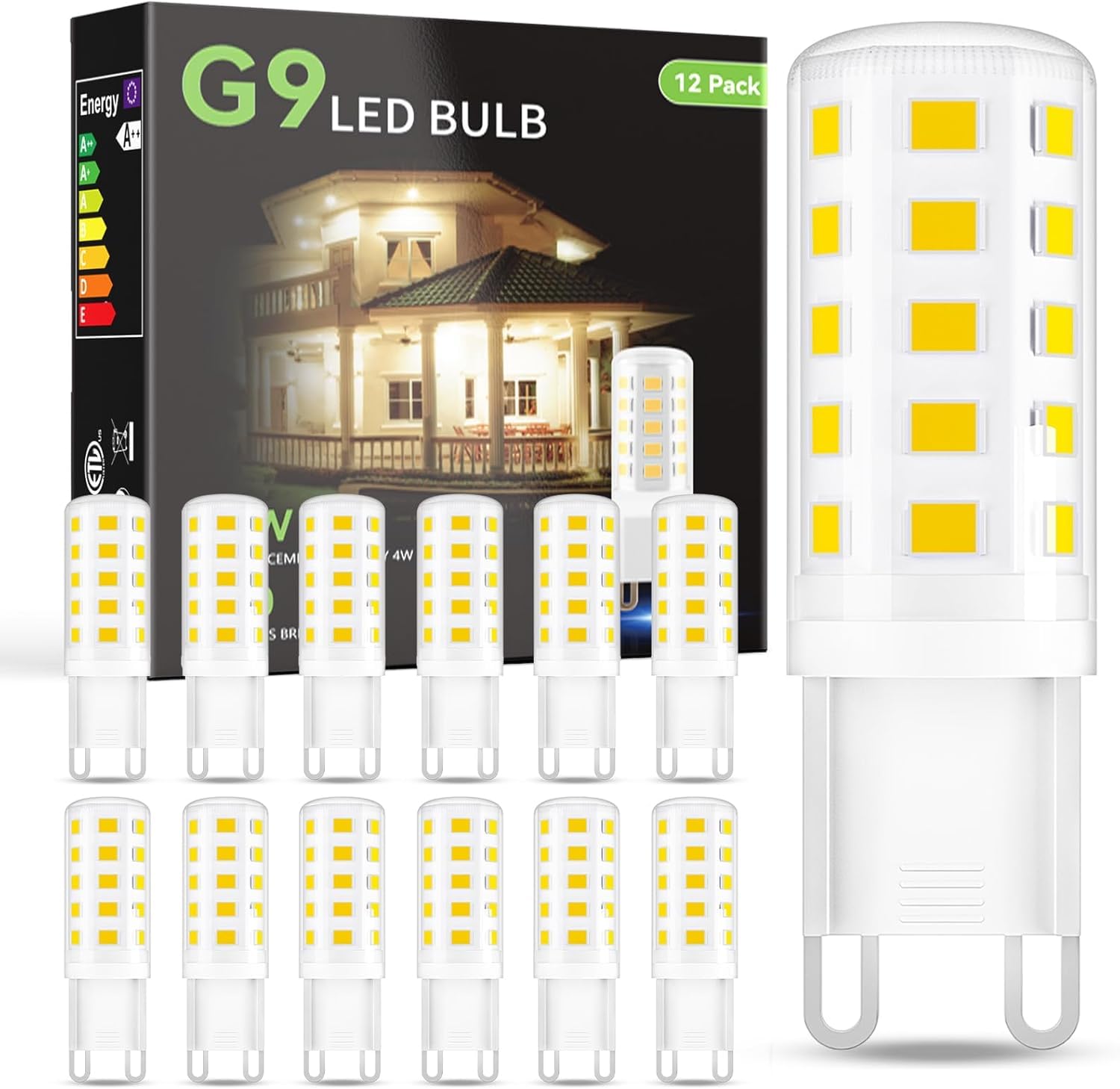 Daybetter G9 Led Bulb 12 Pack Daylight White 6000K 4W, Equivalen 40 Watt G9 Halogen Light Bulb, T4 G9 Bi Pin Ceramic Base, 120V 
