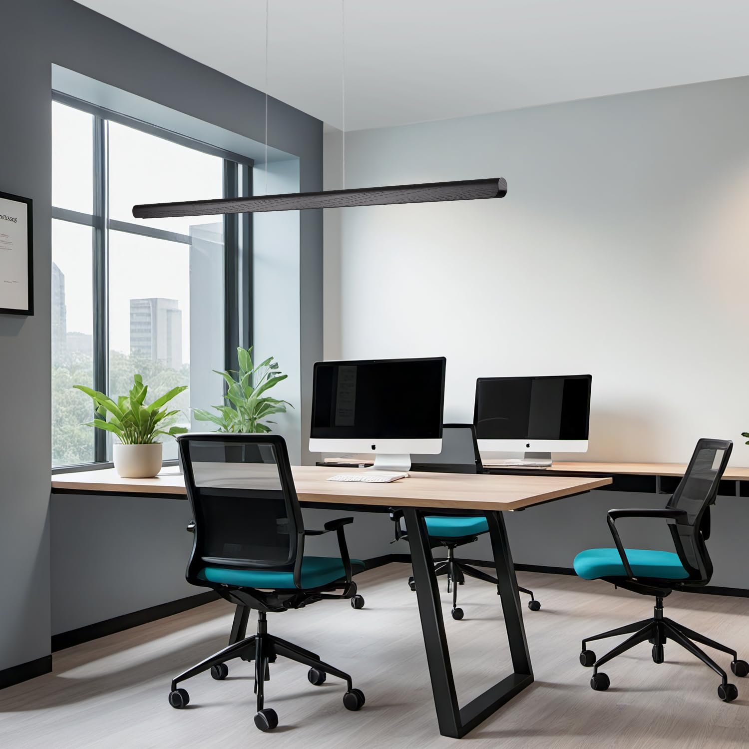 Yisdesign 47Inch Wood Led Linear Pendant Light  Dimmable Wood Ceiling Lamp Minimalist Linear Chandelier  36W Warm Light 3000K  Modern Kitchen Island Dining Room Lighting Black Adjustable Height