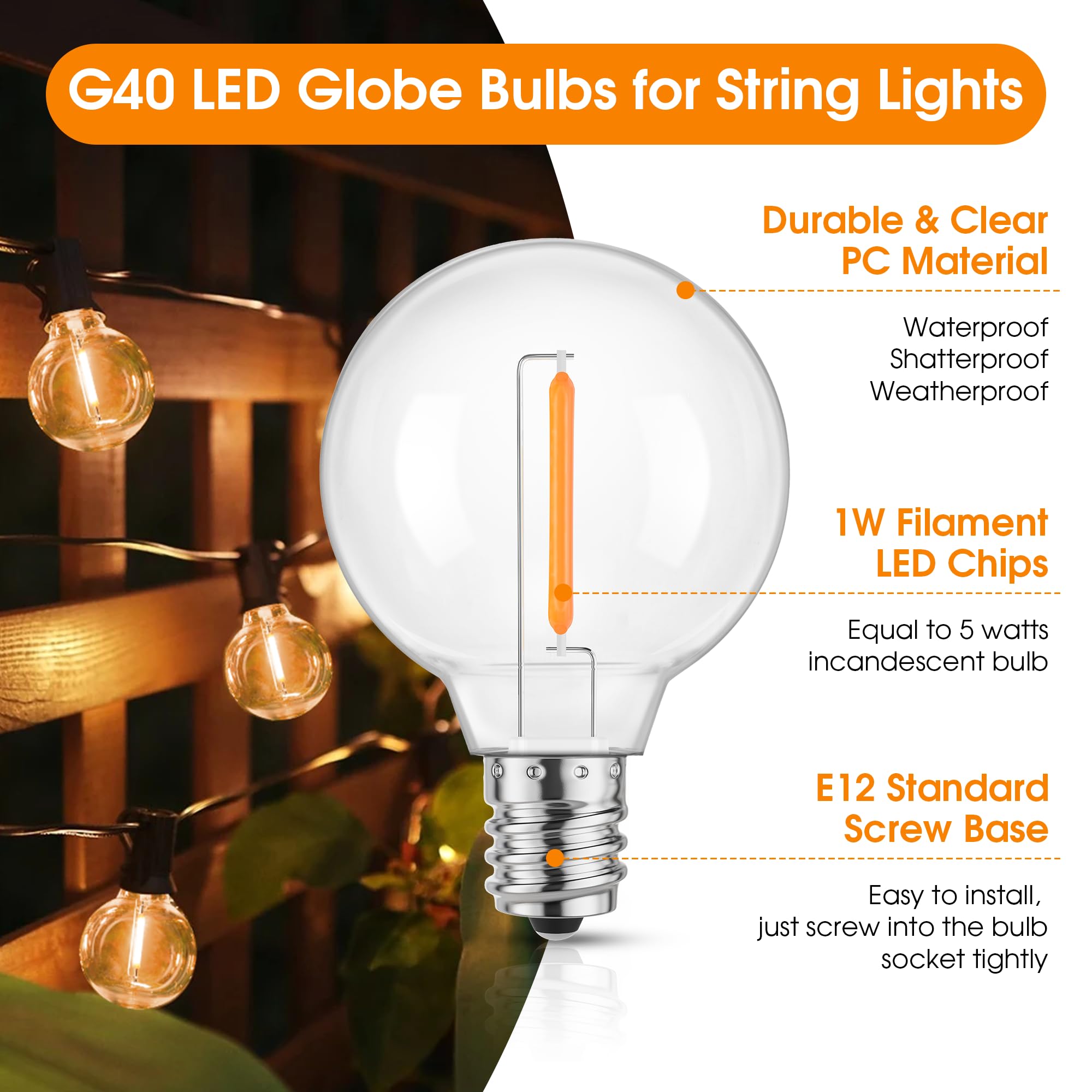 Mlambert G40 Led Replacement Light Bulbs For String Lights, Dimmable E12 Base Shatterproof Bulbs, 1W Equal To 5W, Amber Warm 220