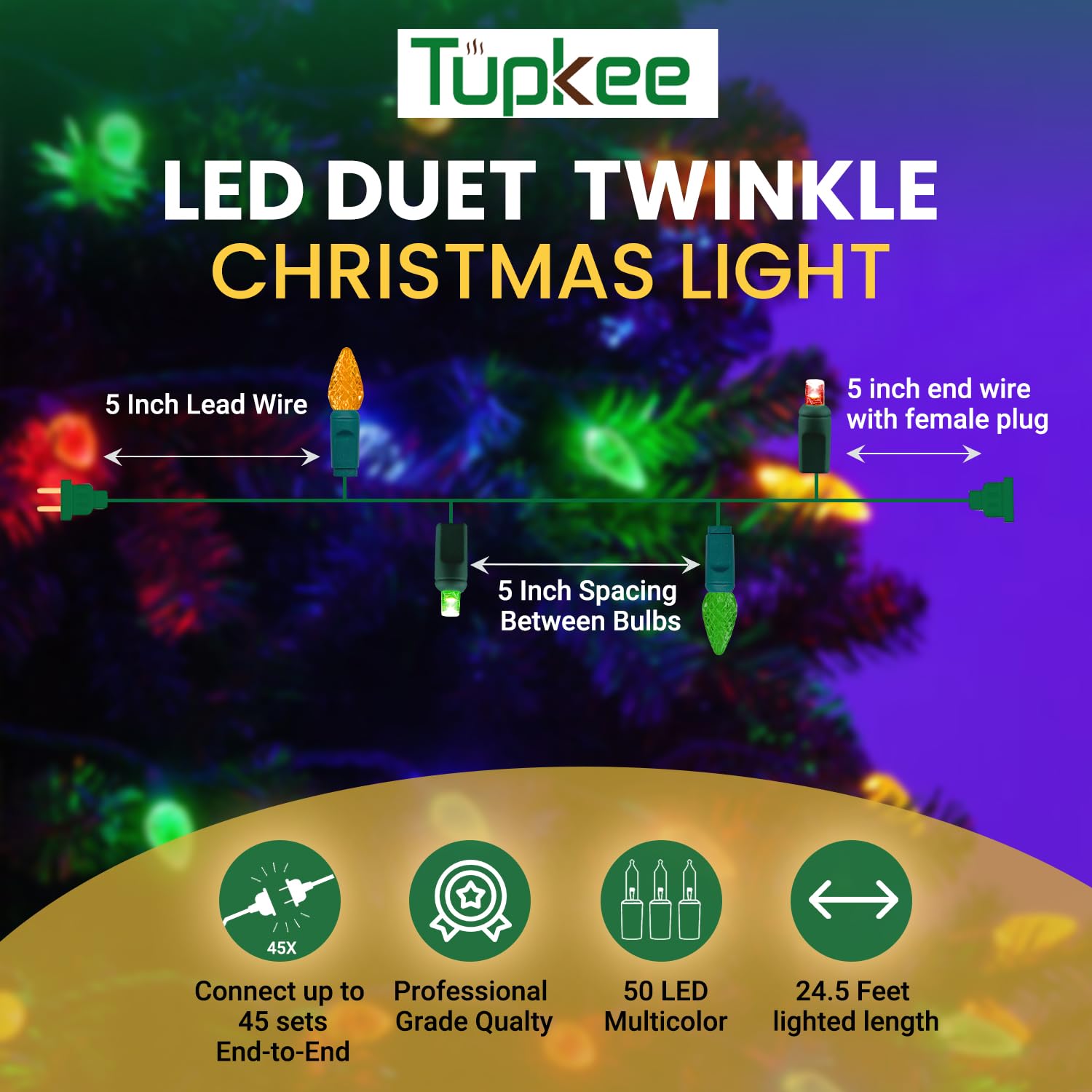 Tupkee Christmas LED Twinkling Lights, Multicolor, 24.5 Feet, C6/5mm Bulbs, Indoor/Outdoor Holiday Decor