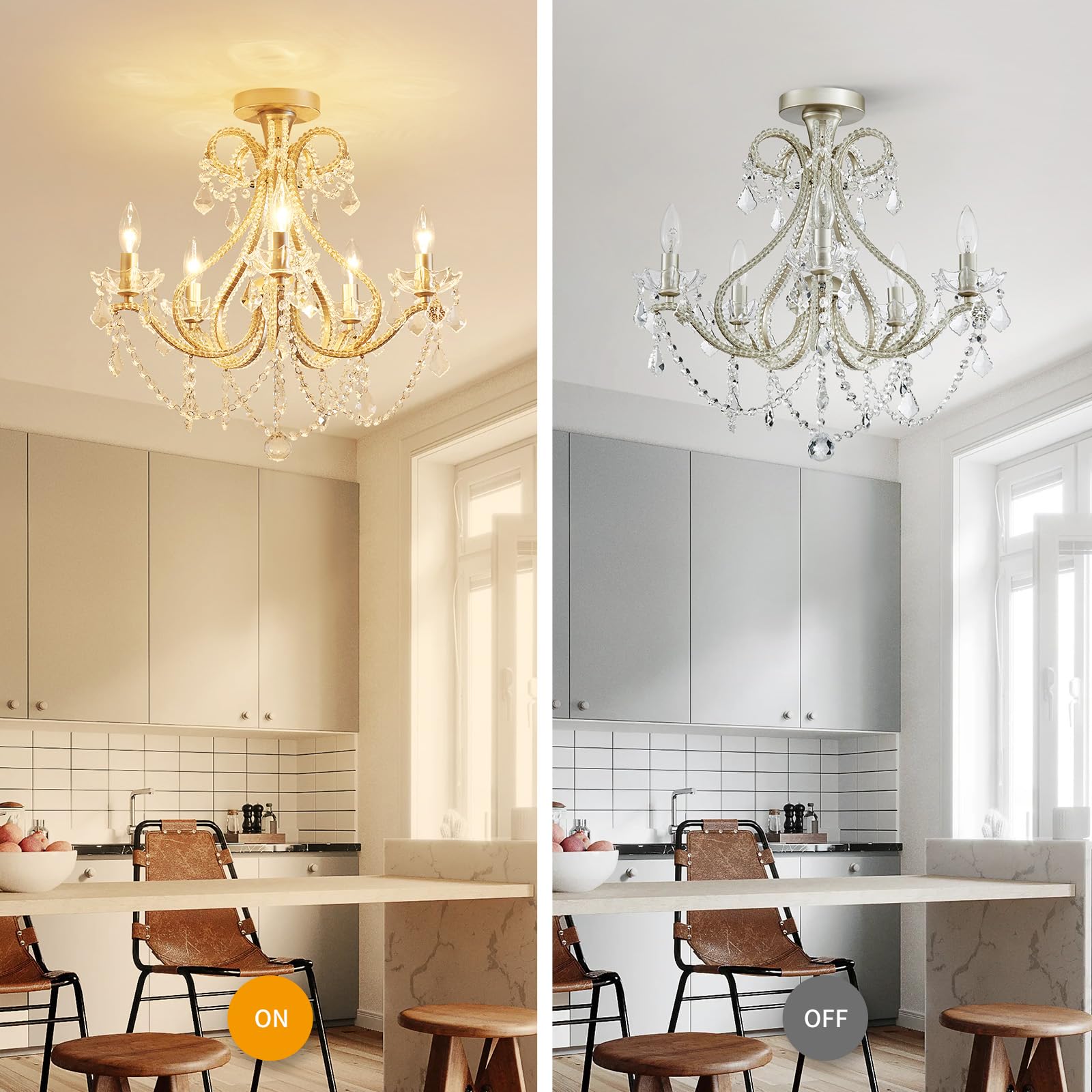 WUZUPS 5-Light Crystal Candle Chandelier, Brushed Nickel, 20.9" H x 22" W, Metal Flushmount Ceiling Light for Bedroom, Hallway, Kitchen, Bathroom