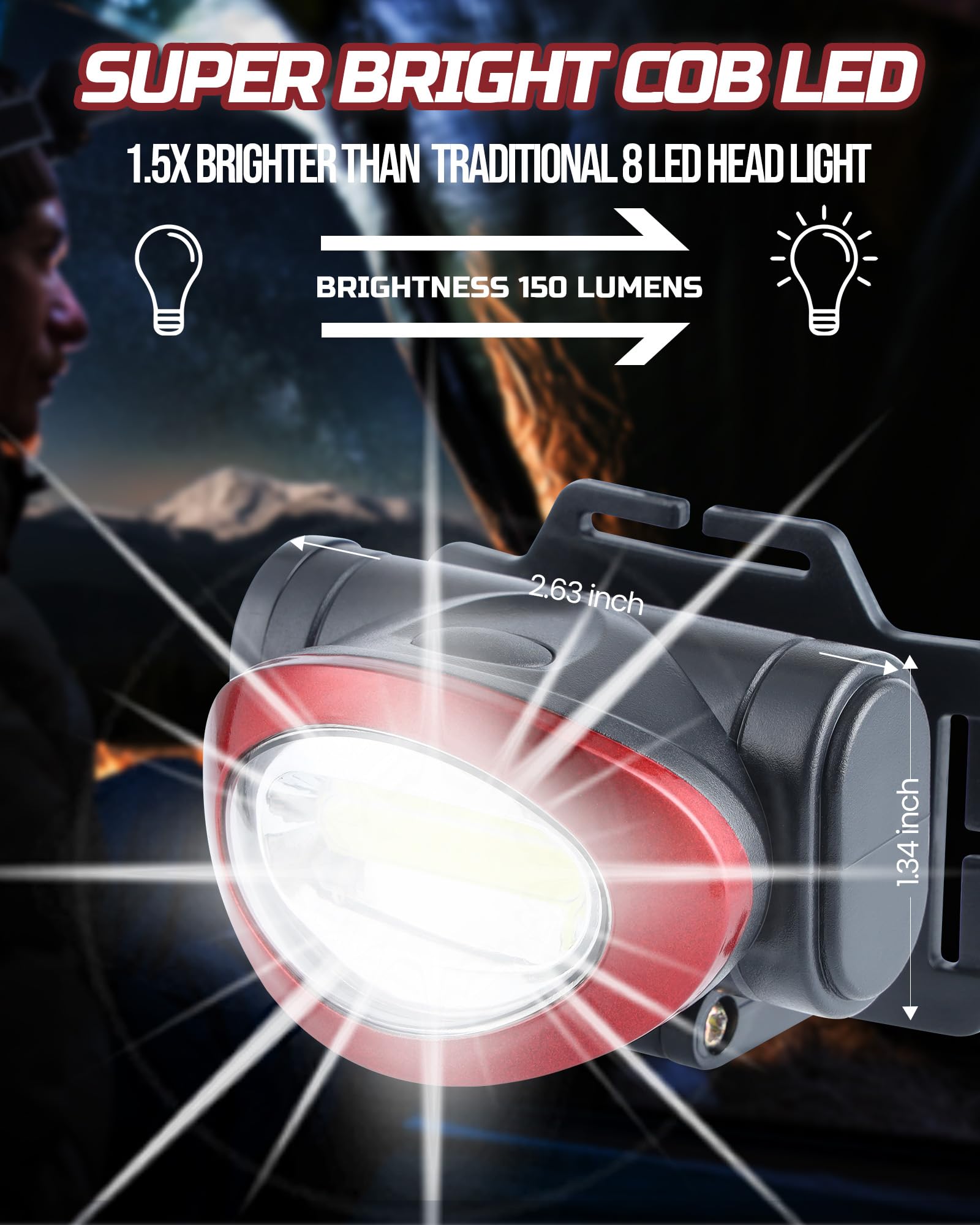 Lichamp Camping Headlamp Flashlight 8 Pack, Outdoor Super Bright COB Head Lamp Gear for Running, Reading, Hiking, Walking, Climb
