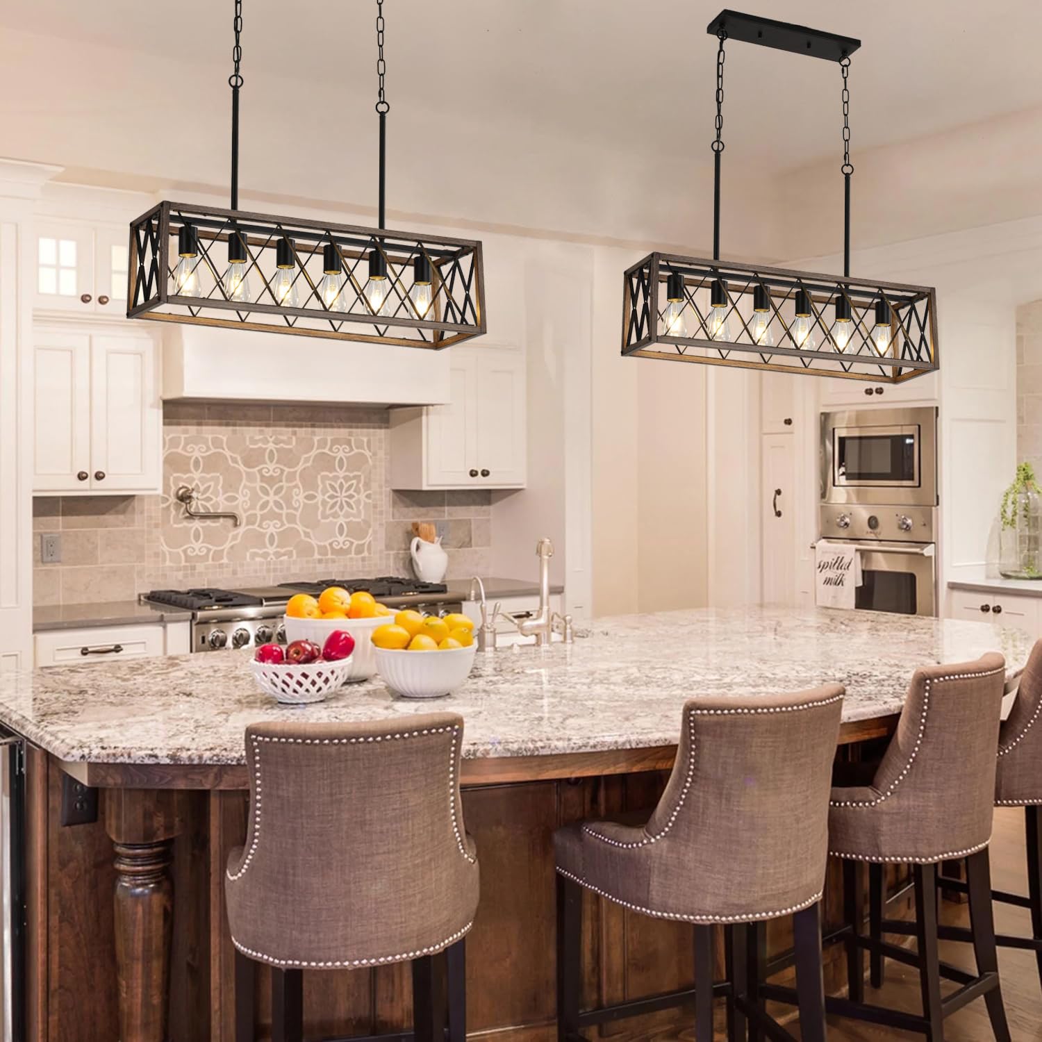 Mueof Farmhouse Kitchen Island Lighting,6-Light Dining Room Light Fixtures Over Table,Rustic Chandelier Wood Grain Finish,Height