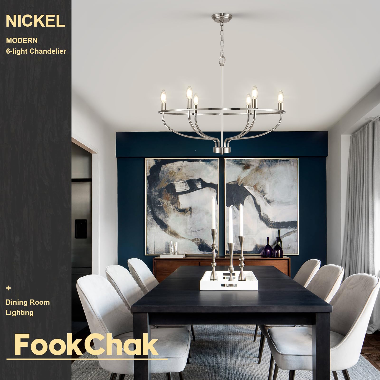 Fookchak Brushed Nickel Chandelier, 6-Light Dining Room Chandelier Chrome Light Fixture Metal Candle Kitchen Chandeliers 28Inch Round Chandeliers With Long Chain For Bedroom Living Room
