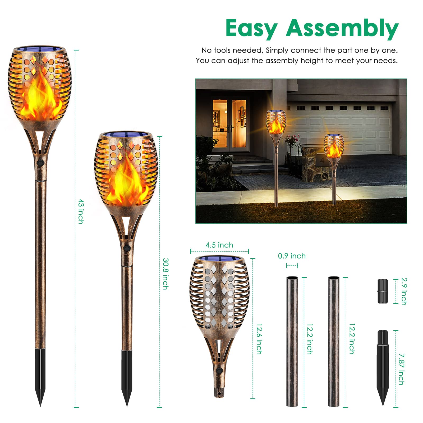 TomCare Solar Lights 96 LED Torches, Waterproof Flickering Flames, 43in Bronze, Model SZ-21008 (4 Pack)