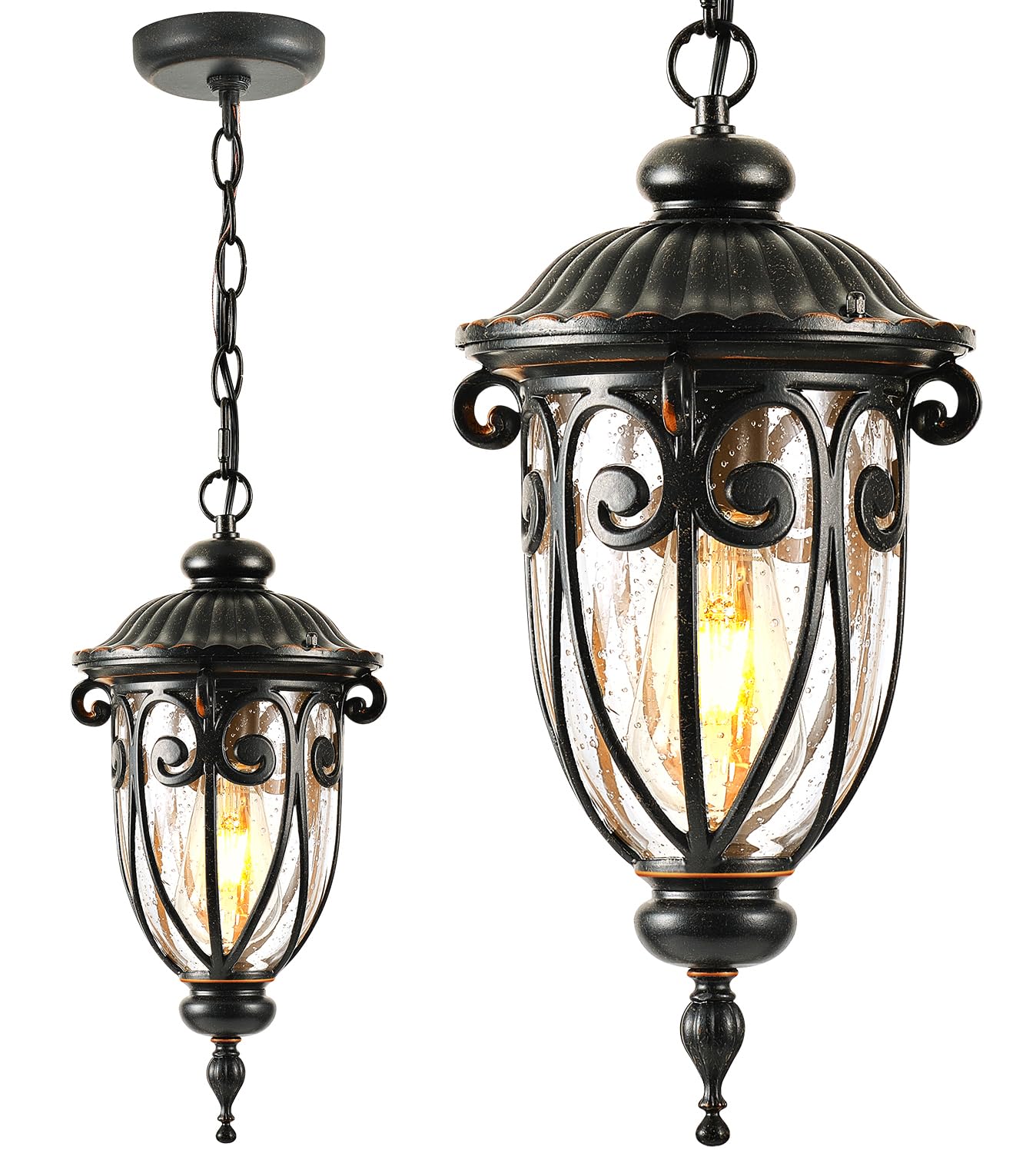 Vianis Outdoor Pendant Light Lantern, Farmhouse Outdoor Chandelier, Vintage Outdoor Hanging Lights With Seed Glass, Brown Outdoo