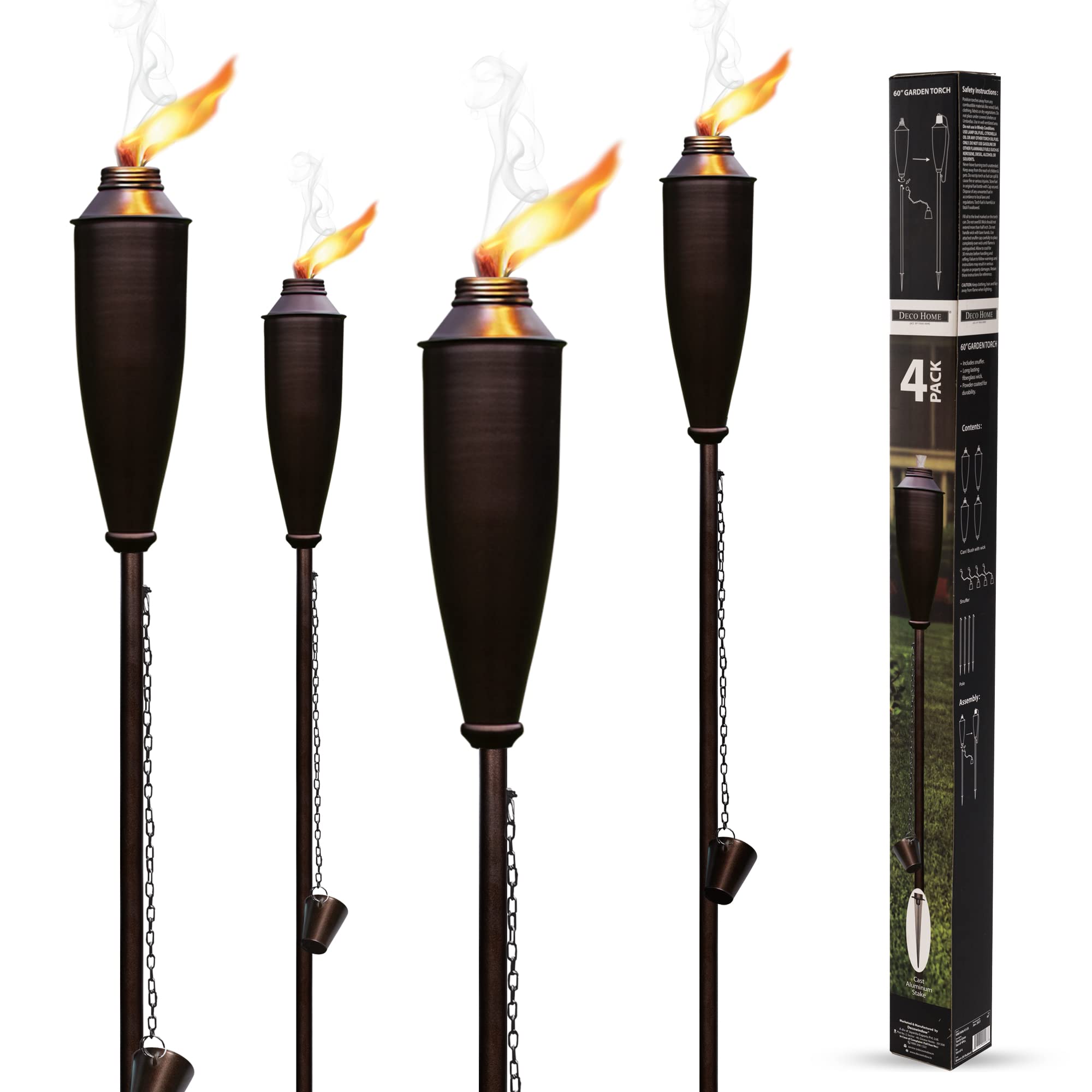Deco Window Garden Torches - Pack of 4 Metal Citronella Oil Torches, 60 inches, Brown, Decorative for Patio, Lawn, Backyard