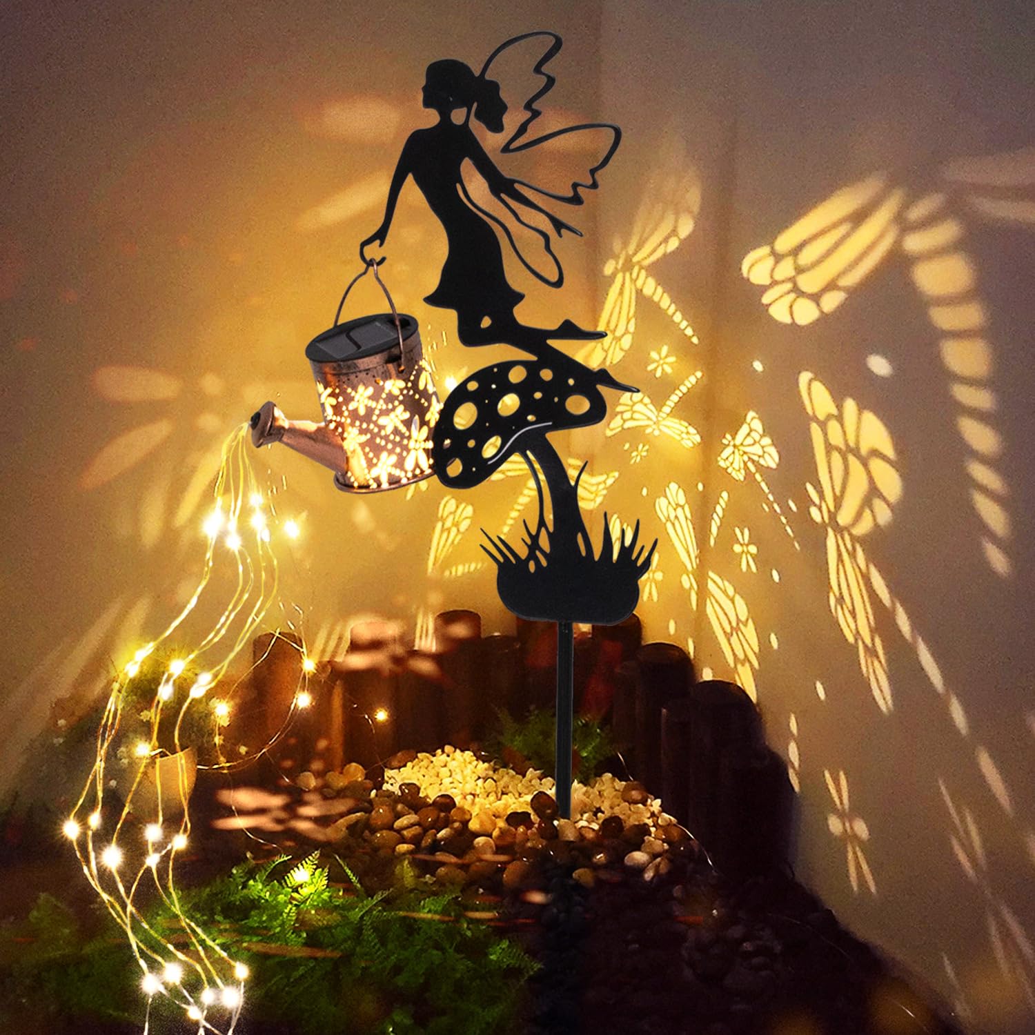 Huyieno 1Pack Solar Metal Watering Can With Fairy Angel Solar Hanging Lantern With Shepherd Hook 36 Warm White Leds Outdoor Led