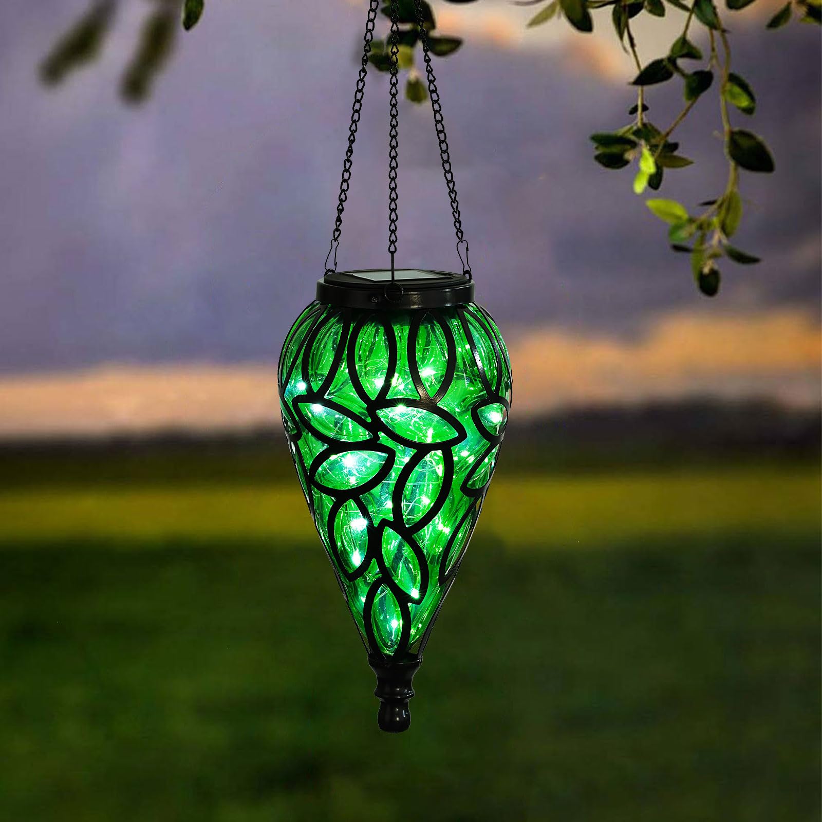 LEWIS&WAYNE Solar Hanging Lantern, 15 LEDs, Cool White Light, Green, Tear-Shaped, Outdoor Decor for Garden and Pathway