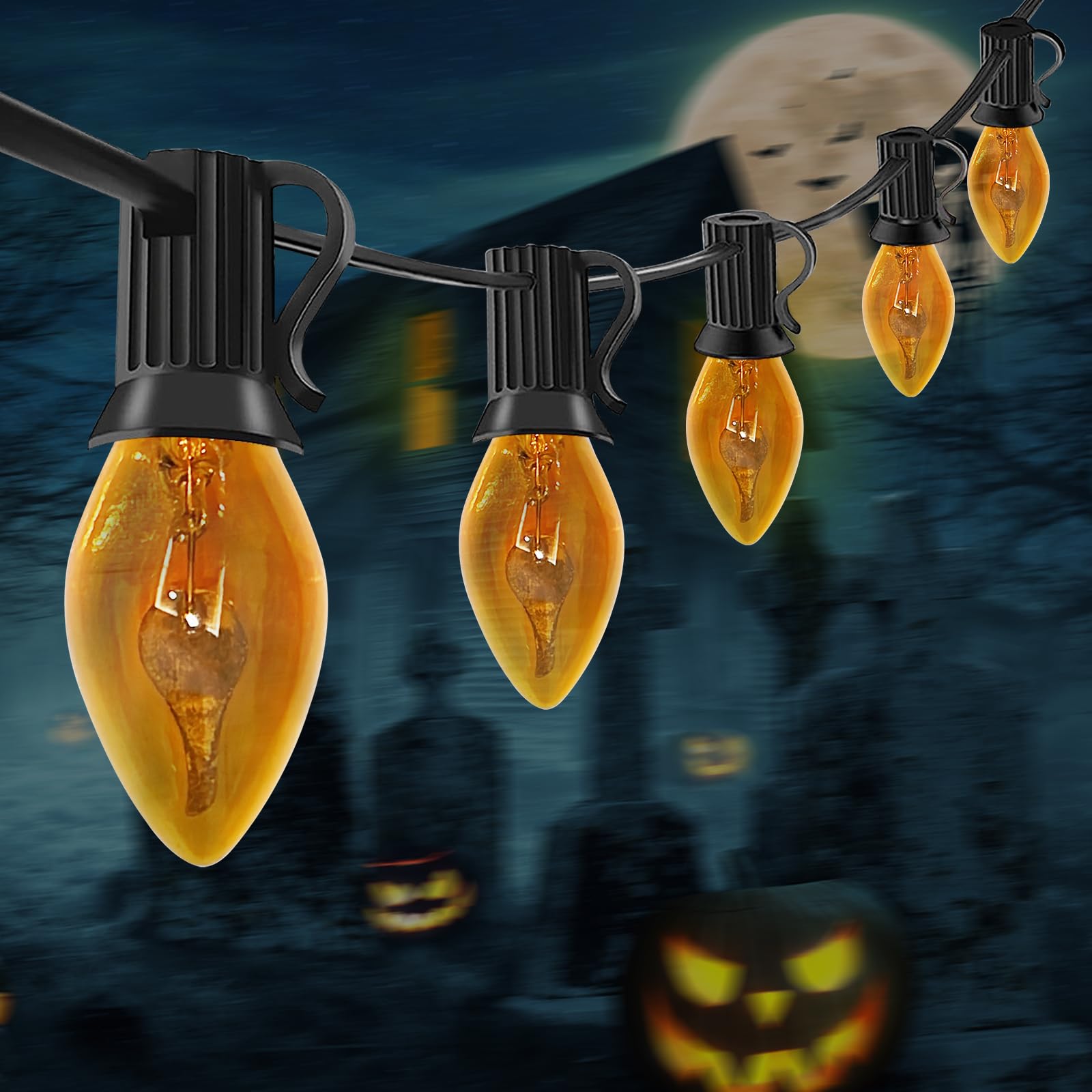 Abeja Orange Halloween Lights  25Ft Orange Flickering Lights String With 27 Flame Incandescent Blubs  Halloween Waterproof Flicker Lights For Spooky Thanksgiving Party Decor