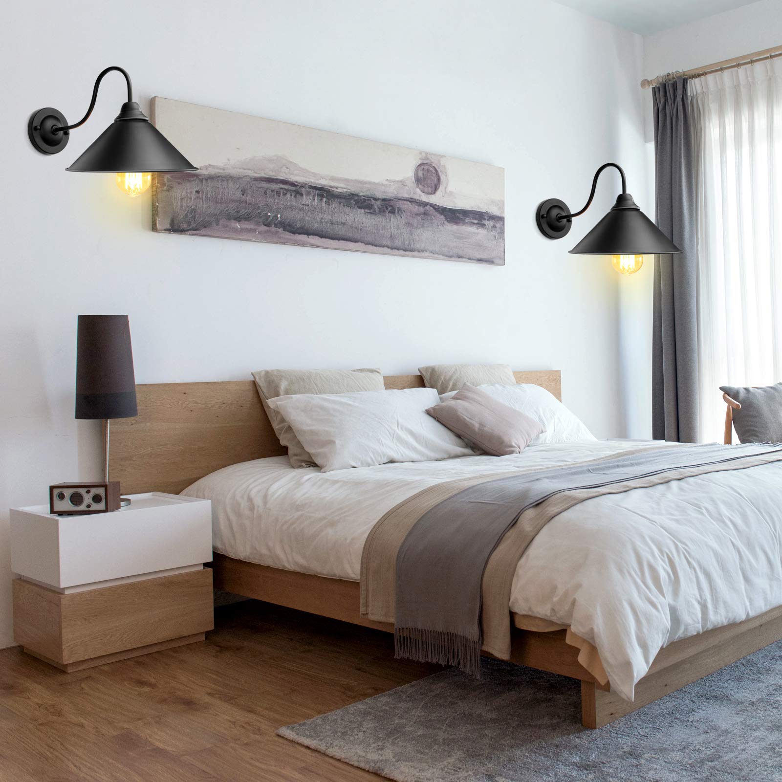 Lyoowng Black Wall Sconces, 2-Pack Industrial Gooseneck Vintage Light Fixtures, Hardwired Metal