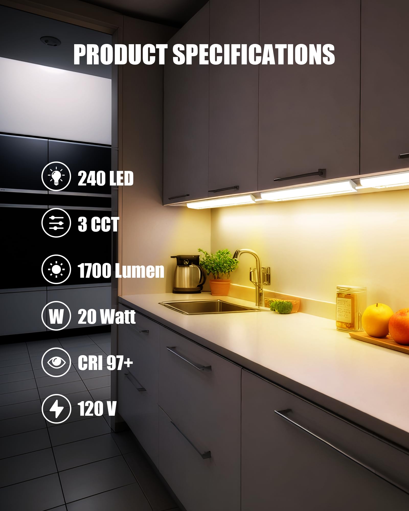 Aulaidik Hardwired Under Cabinet Lighting 30'' - Cri 97, 20W, 120V, 240 Led, 3Cct Daylight With Triac Dimmable, 1700Lumen Linkab