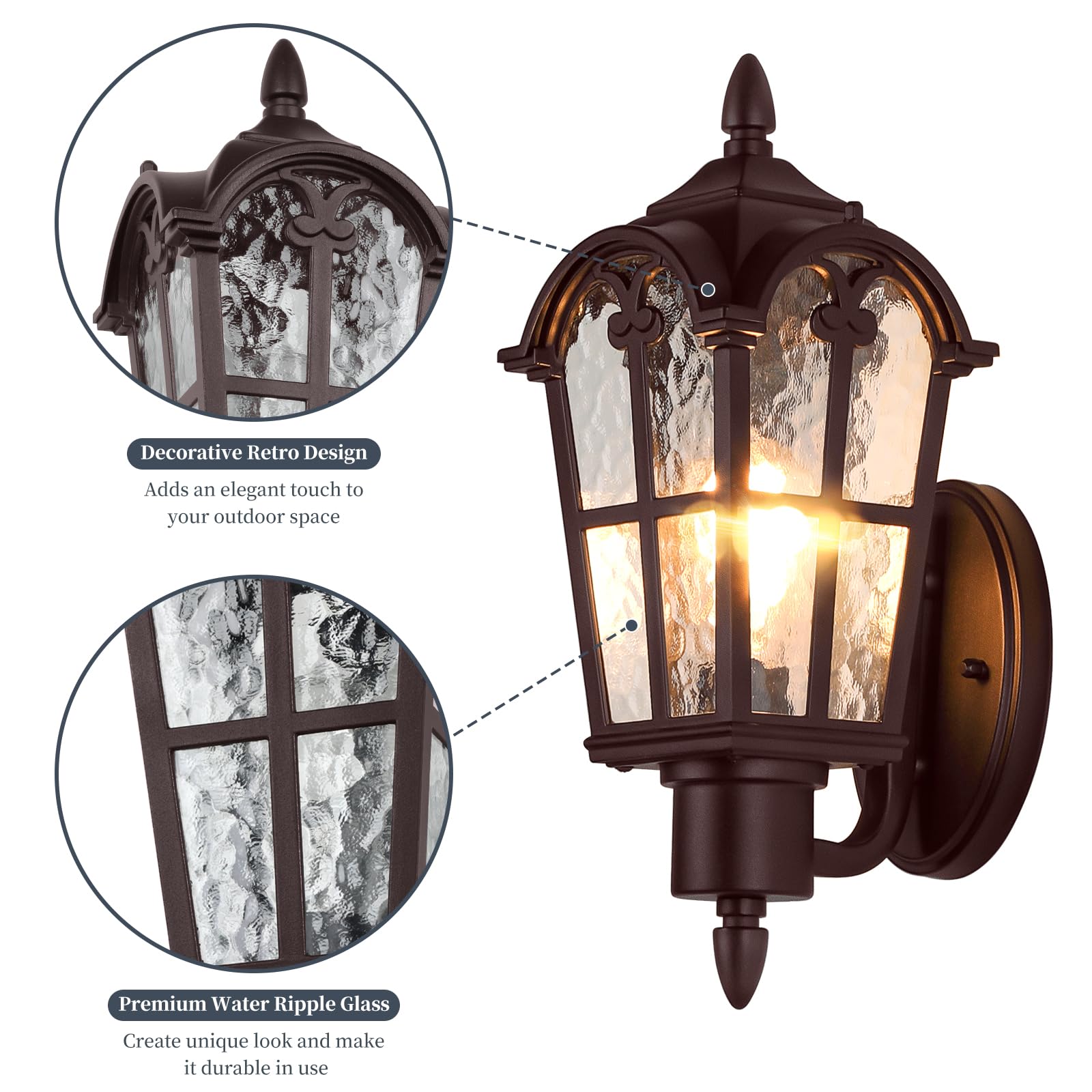 Sucolite Outdoor Wall Light Fixtures, Vintage Waterproof Porch Sconces, Oil-Rubbed Bronze, 1 Pack, Model B06068P, Water Ripple Glass