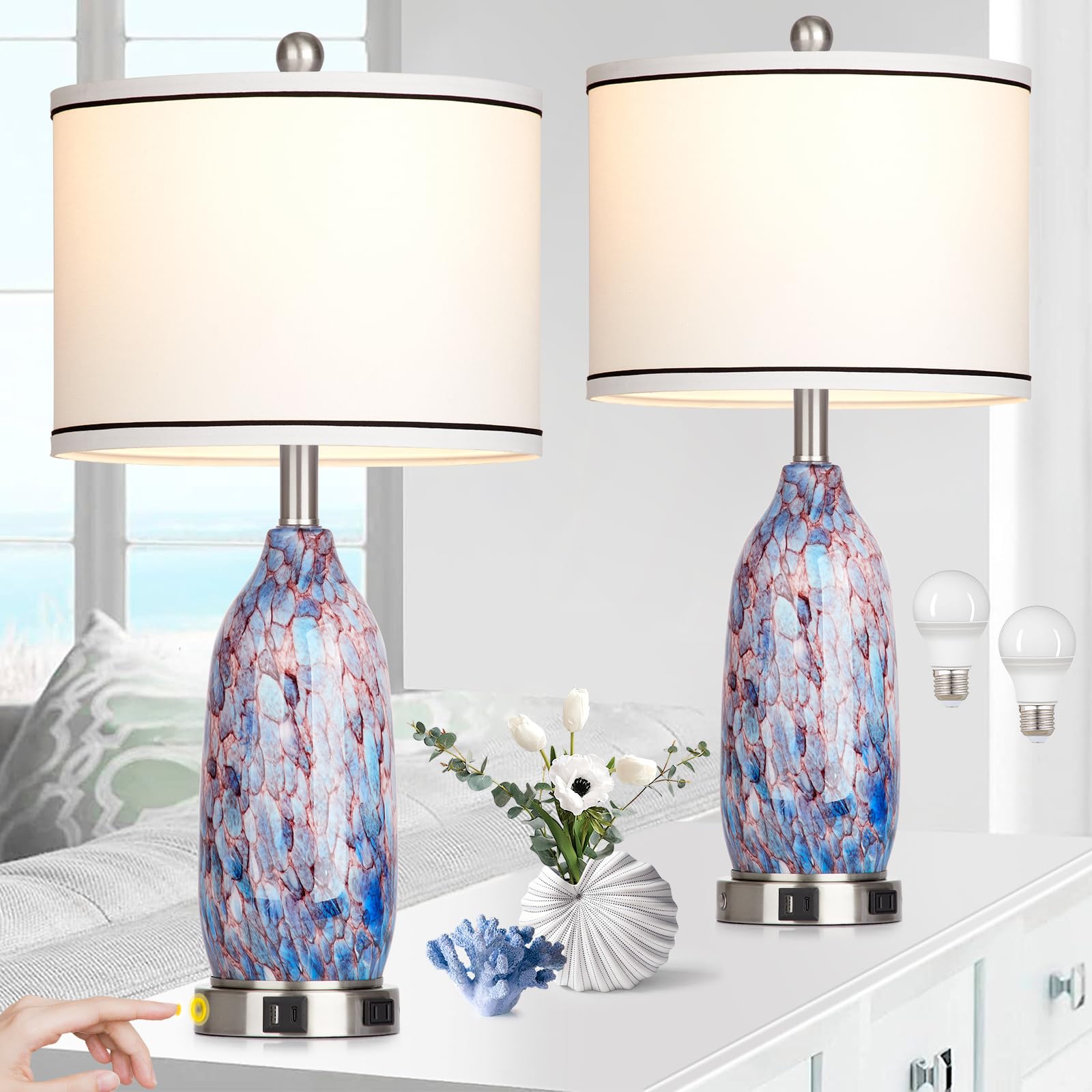 Rinweey 26'' Coastal Glass Table Lamps Set Of 2,Nautical Lamp With Usb A+C Ports & Ac Outlet,Bule Bedside Lamps With 3-Way Dimma