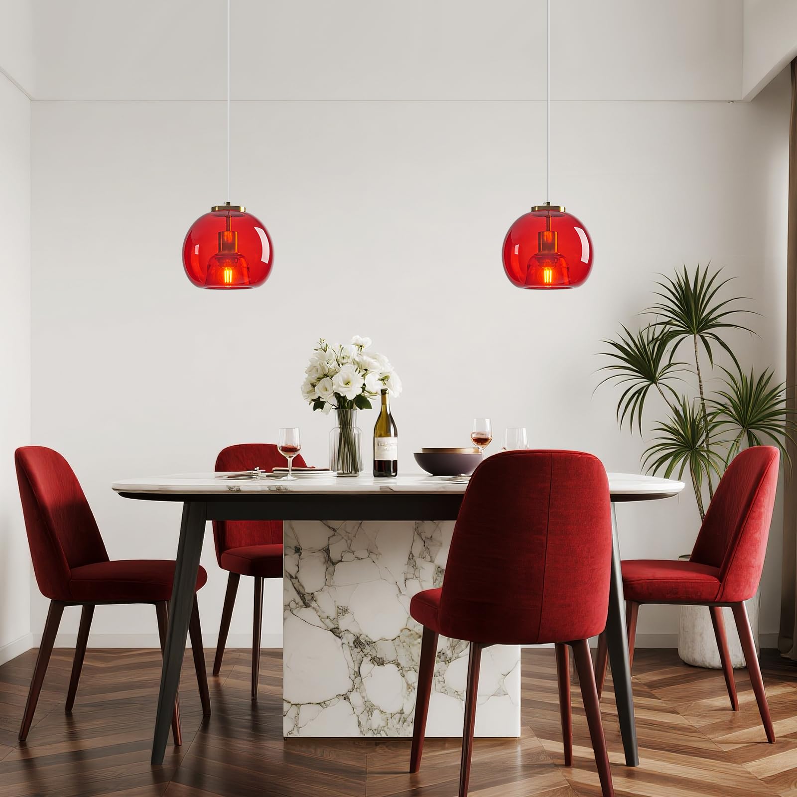Lbsqj Red Glass Pendant Lights Kitchen Island Gold Hanging Light Fixture Glass Globe Pendant Light Modern Pendant Lighting For Kitchen Island Bedroom Dining Room (7.87  3 Pack)