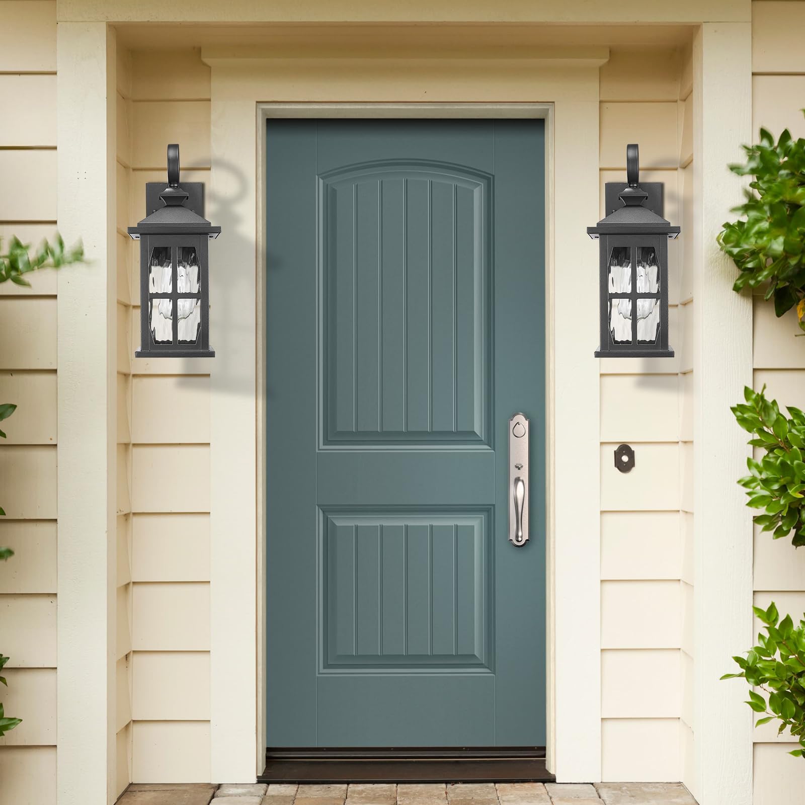 Darkaway Outdoor Wall Lights, 2-Pack Medium, Water Ripple Glass, Black Aluminum, Model 6D11B, Ideal for Porch, Hallway, Garage, Front Door