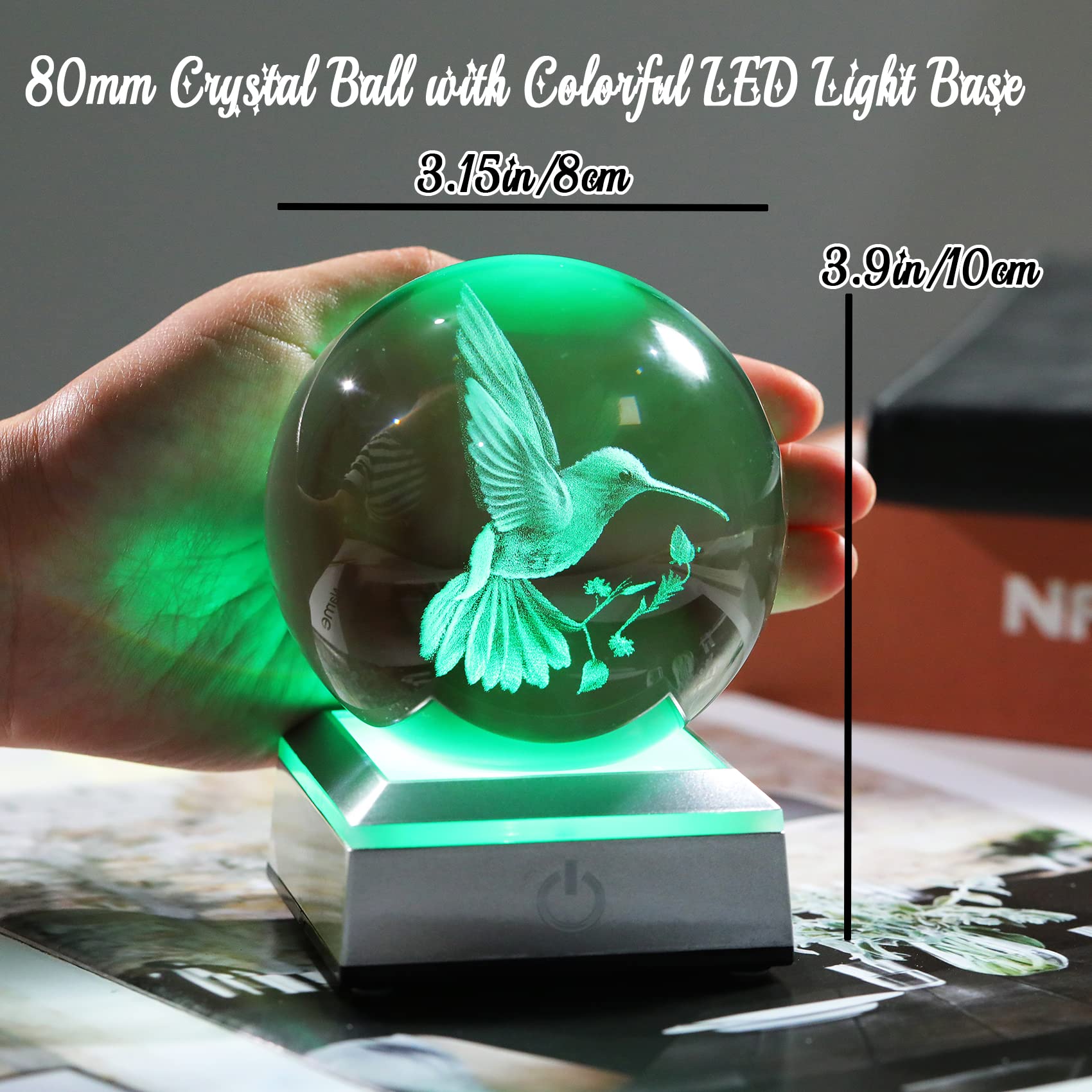 Ornalrist Crystal Ball 3D Engraved Hummingbird With Led Colorful Base, 3.15"/8Cm Animal Glass Sphere Ideas For Friends Home Decor Display, Gifts For Men Women On Birthday Christmas