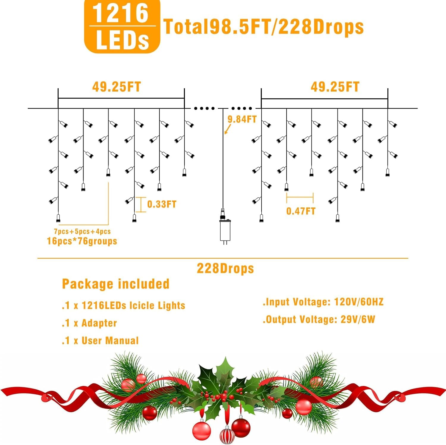 99Ft Icicle Lights For Outside  Multicolor Christmas Lights Outdoor Indoor  1216 Led Twinkle Strings With 228 Drops For House Thanksgiving Room Home Wall Tree Holiday Decorations