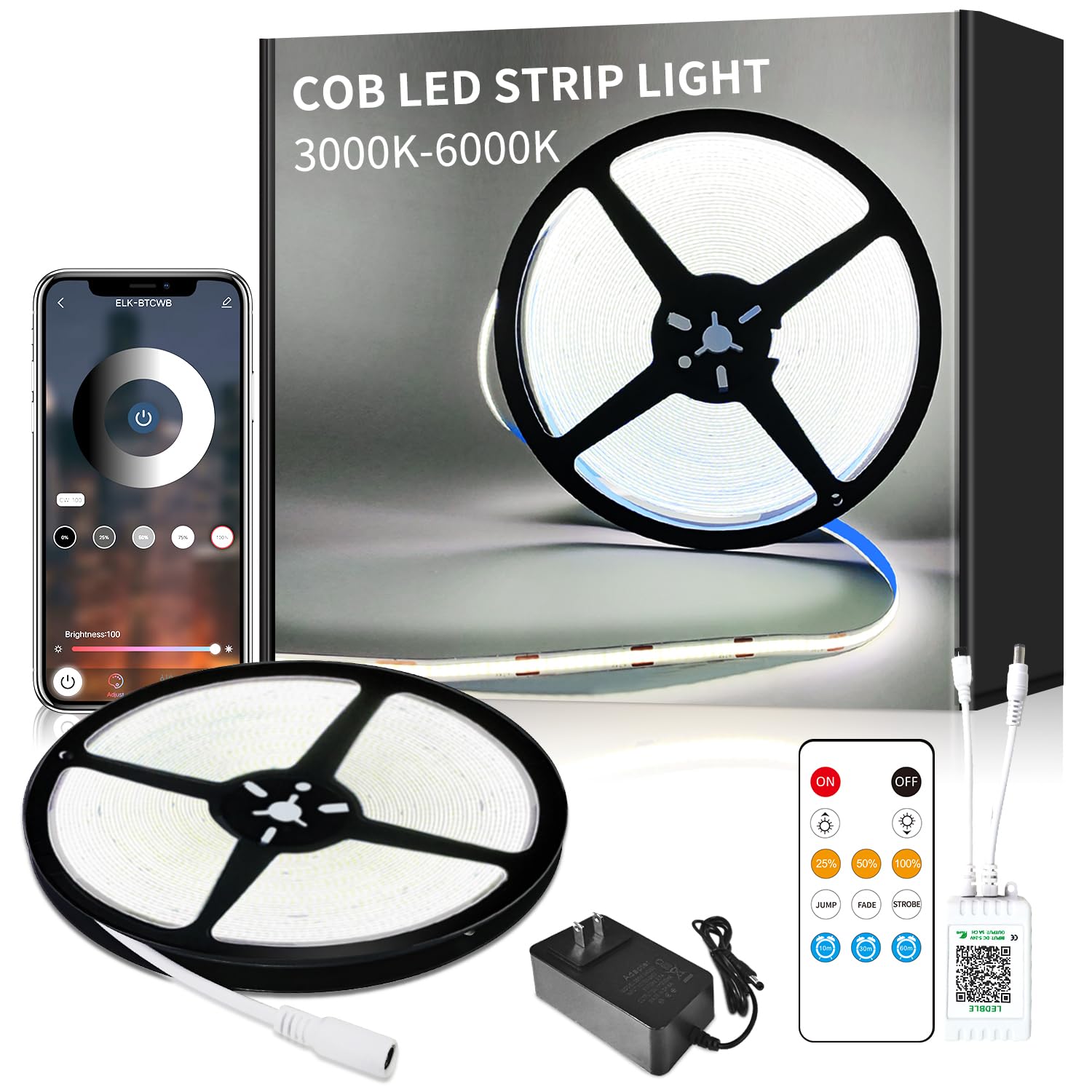 Yeewhale 50Ft Cob Led Strip Lights Dc 24V Dimmable 6000K White Flexible Led Tape Light For Bedroom, With Remote And App Control Led Tape Lights Cri90+,For Diy Home Decoration