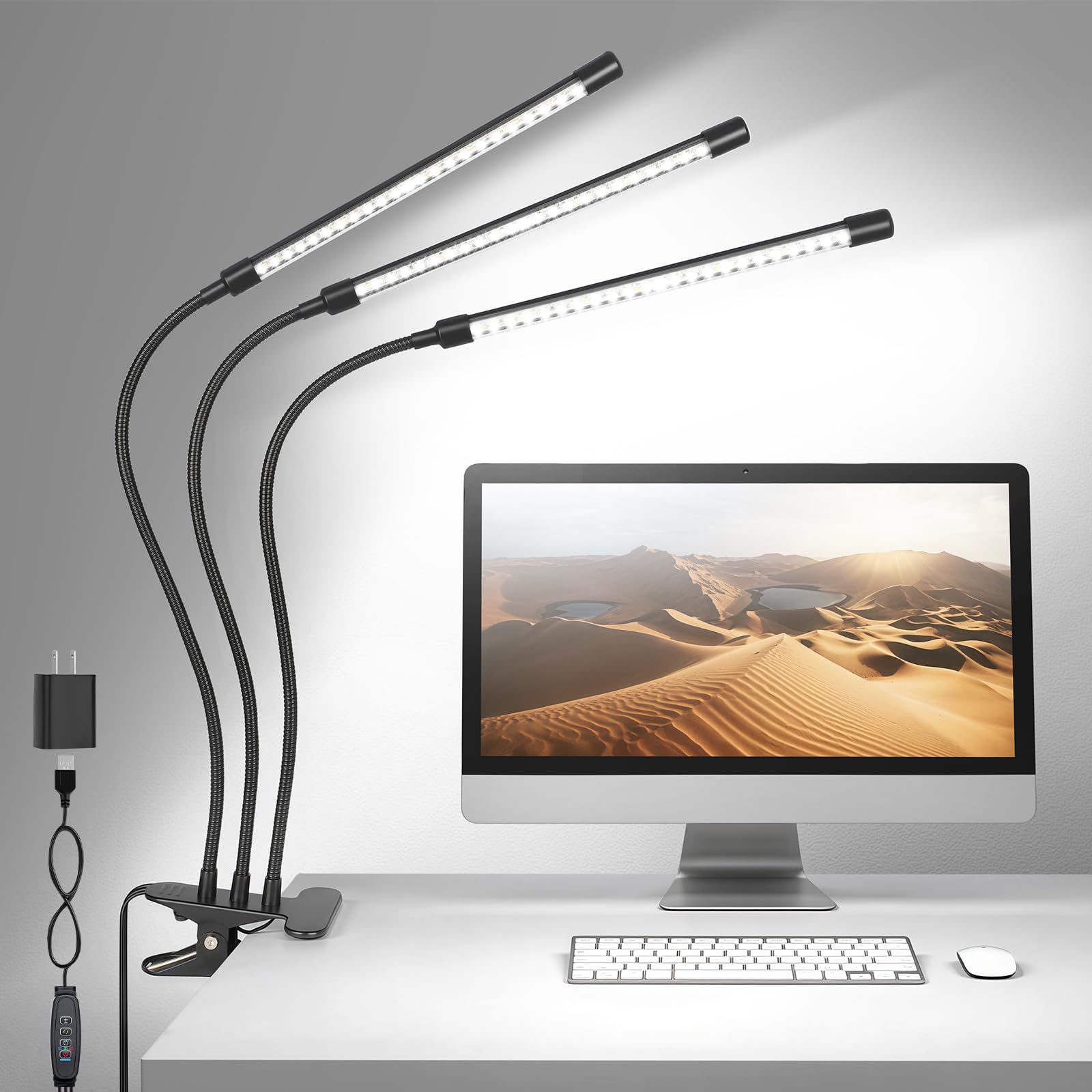 ShineTech Adjustable Eye-Caring LED Desk Lamp  Flexible Gooseneck Table Light with Stepless Dimming  4 Color Modes Clip on Light for Reading  Study  Work  Nightstand