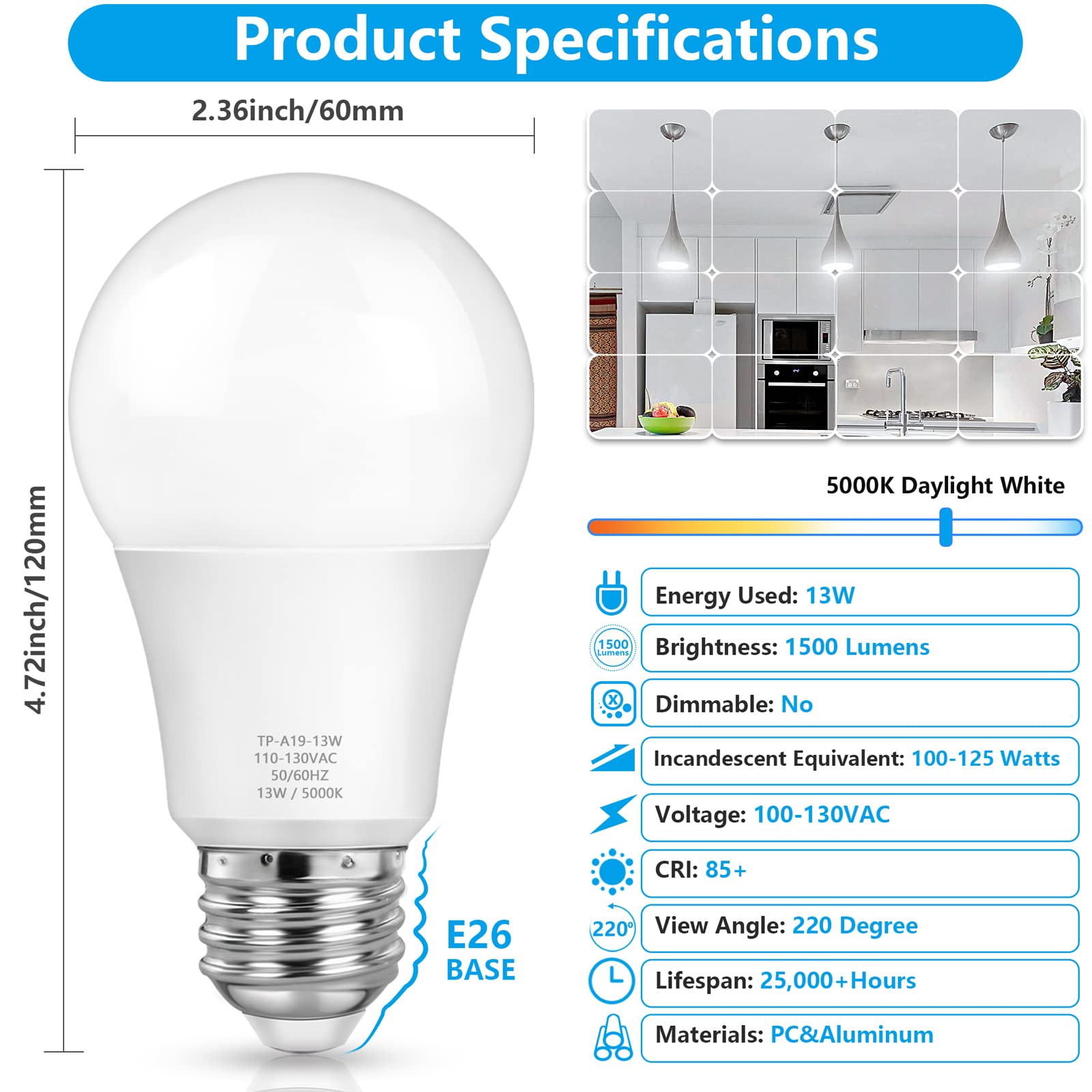 Maxvolador A19 Led Light Bulbs, 100 Watt Equivalent, Daylight White 5000K, 1500Lm, E26 Base, Non-Dimmable, 13W Bright White Bulb