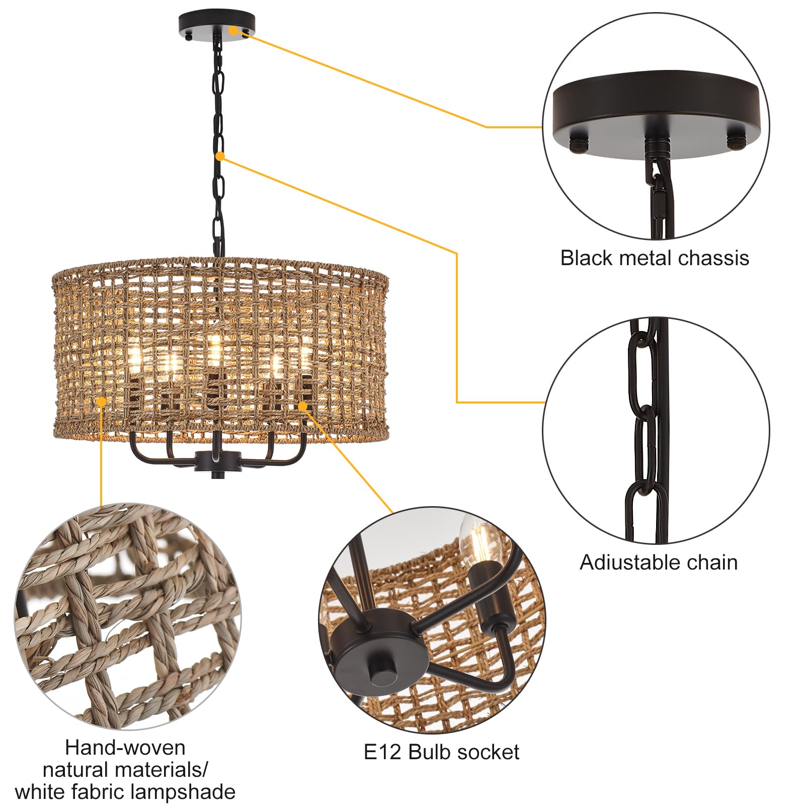 YOMECOO Hand-Woven Rattan Chandelier, Vintage 5-Light Drum Fixture, Black, 19.7" for Dining Room, Kitchen, Living Room, Model MD206-hei