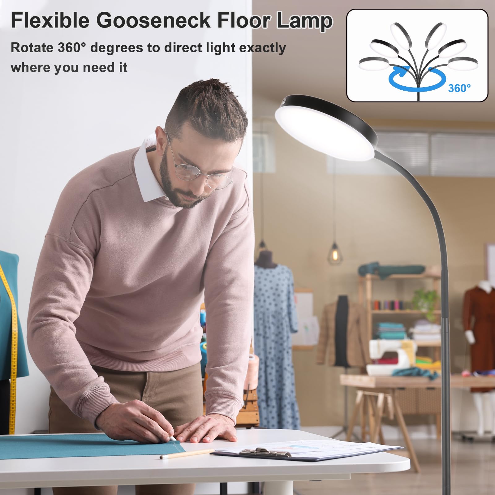 LALISU LED Floor Lamp - Adjustable Brightness & Color Temperatures, Black, Model LALISULEDFL08, Touch Control Gooseneck Design