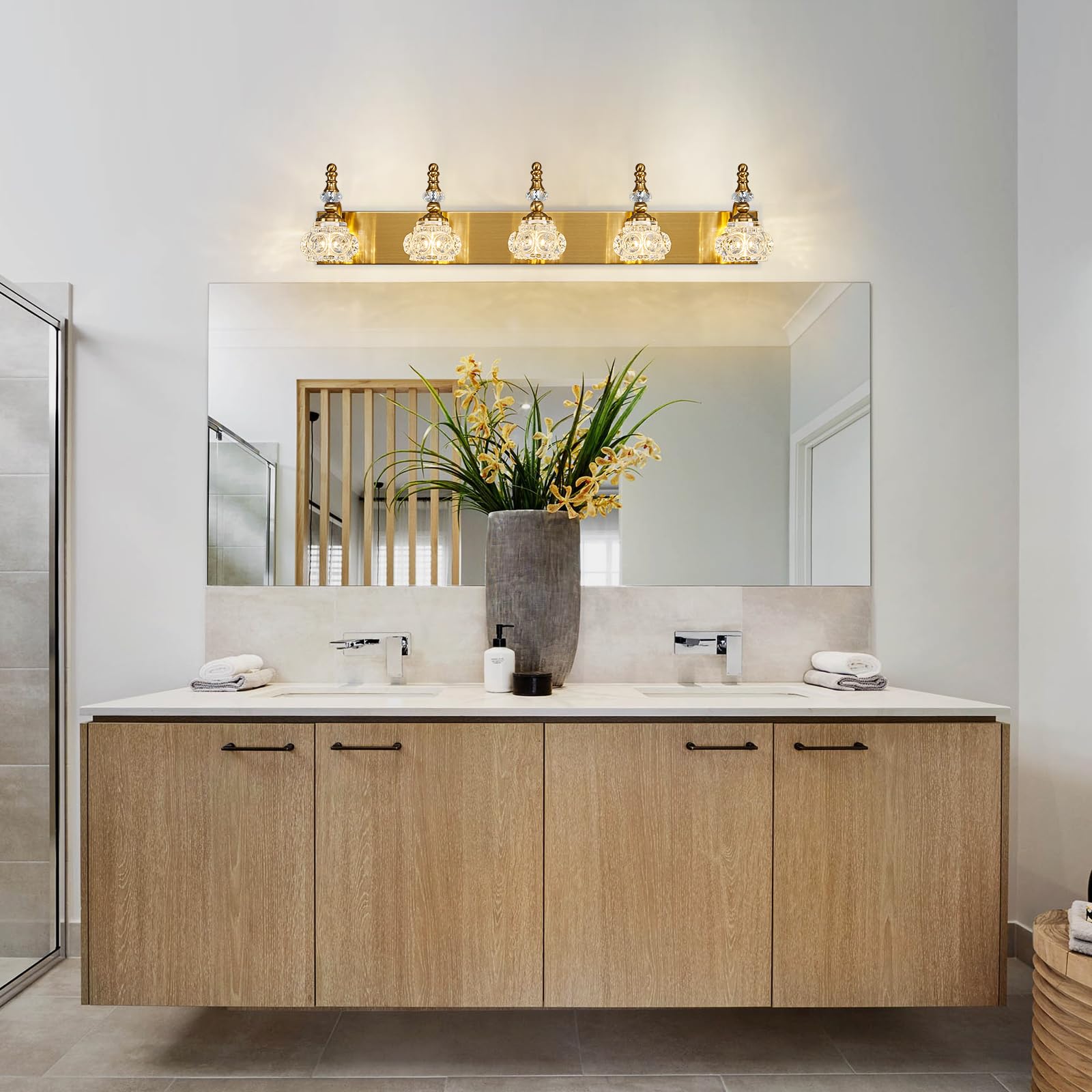 Lbsqj Modern Glass Crystal Vanity Light - Vintage Bathroom Lighting Fixtures Over Mirror  5 Light Vanity Lights G9 Bulb (35.43 Inch  Gold)