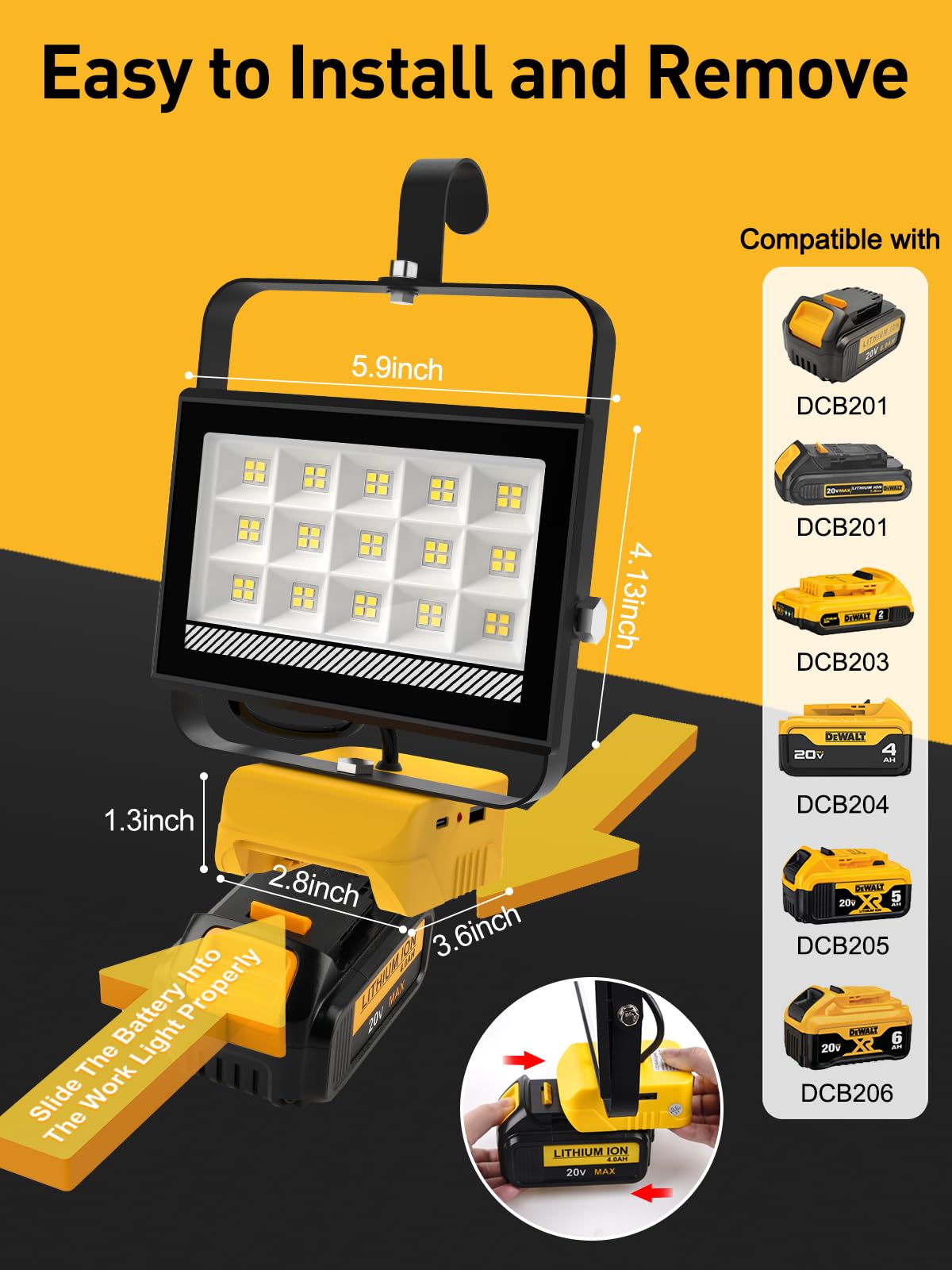 T-SUNiceM LED Work Light for Dewalt 20V Max, 60W 6000LM, Aluminum, Yellow, Model TS-F0430-60-DW