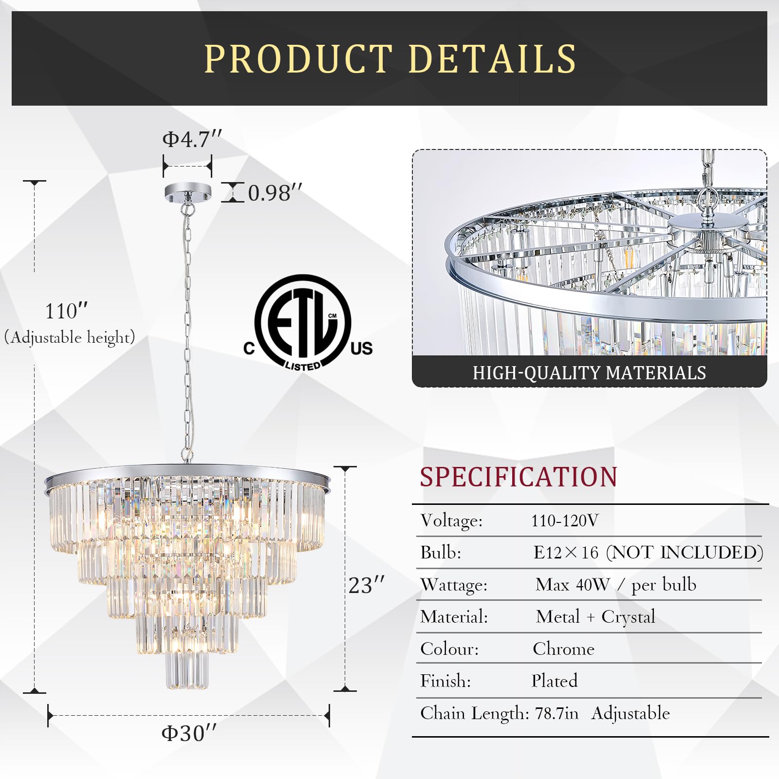 CATINER Large Chrome Crystal Chandelier, 30” 5-Tier 16 Lights Pendant Lighting for Living Room, Dining Room, Foyer, Model 91-750C