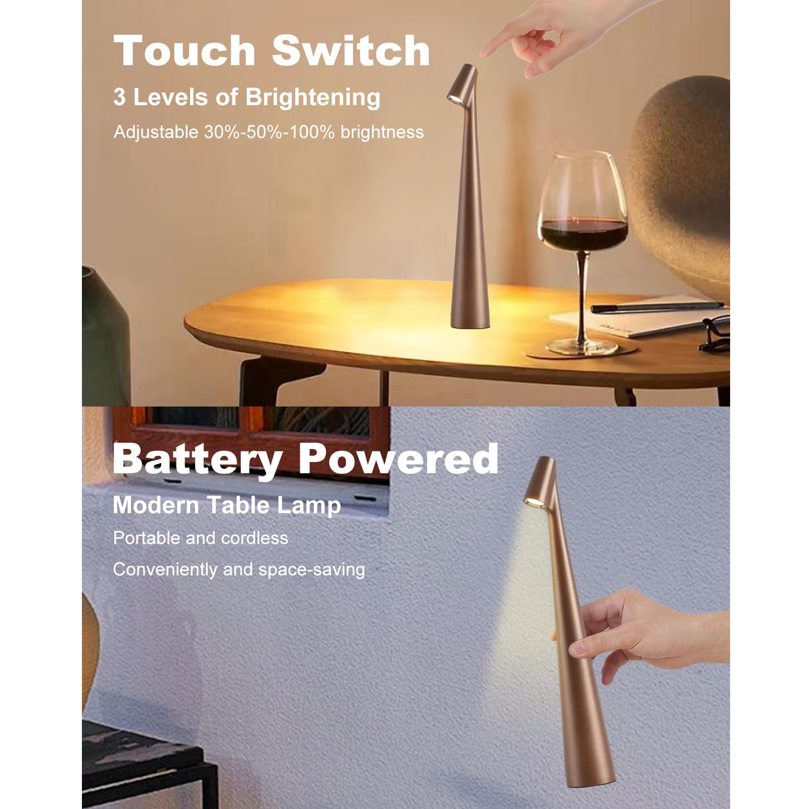 Hebangya Cordless Table Lamps Set of 2, Rechargeable Battery, 3 Levels Brightness, Brown, Portable Desk Light