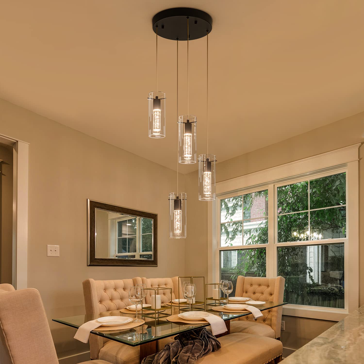 BESTWEST Black Pendant Light Fixture, Modern 4-Light Dimmable Chandelier, Glass, Sand Black, Model BW-03