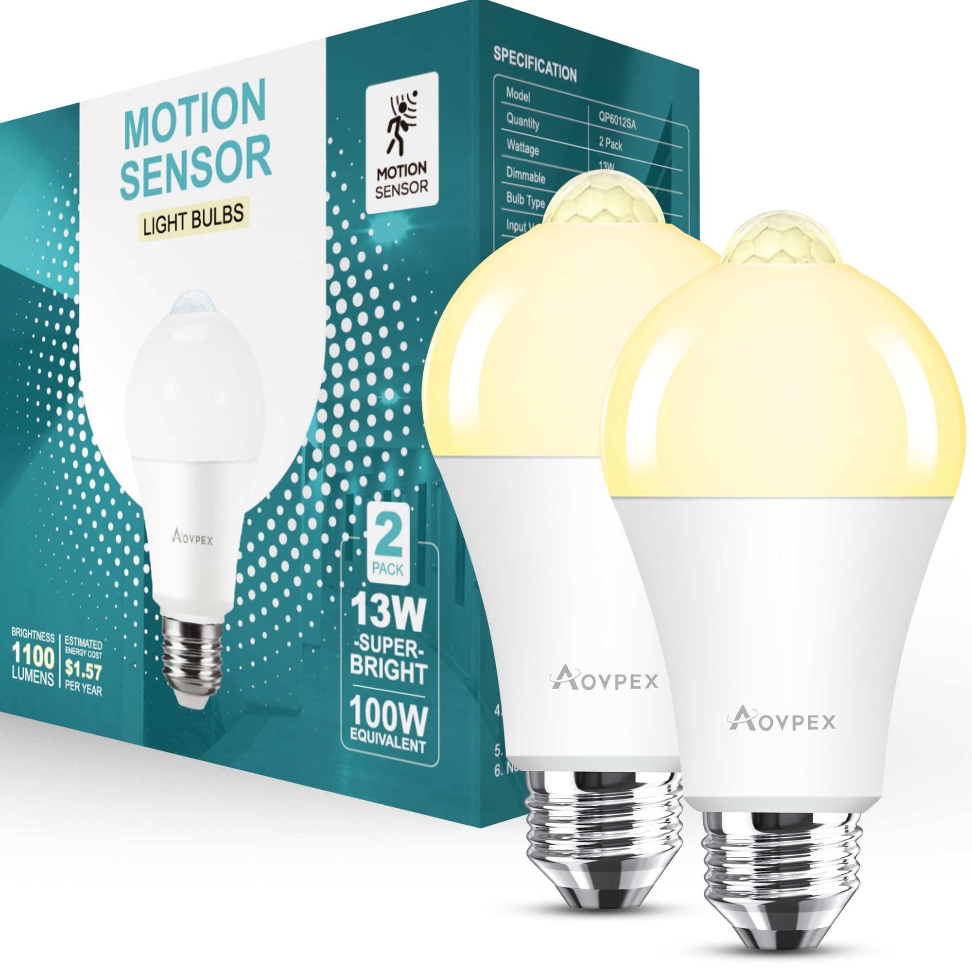 Aovpex Motion Sensor Light Bulbs, 100W Equivalent Motion Activated Security Light Bulb, 2700K Warm White, Dusk To Dawn, E26 A19 
