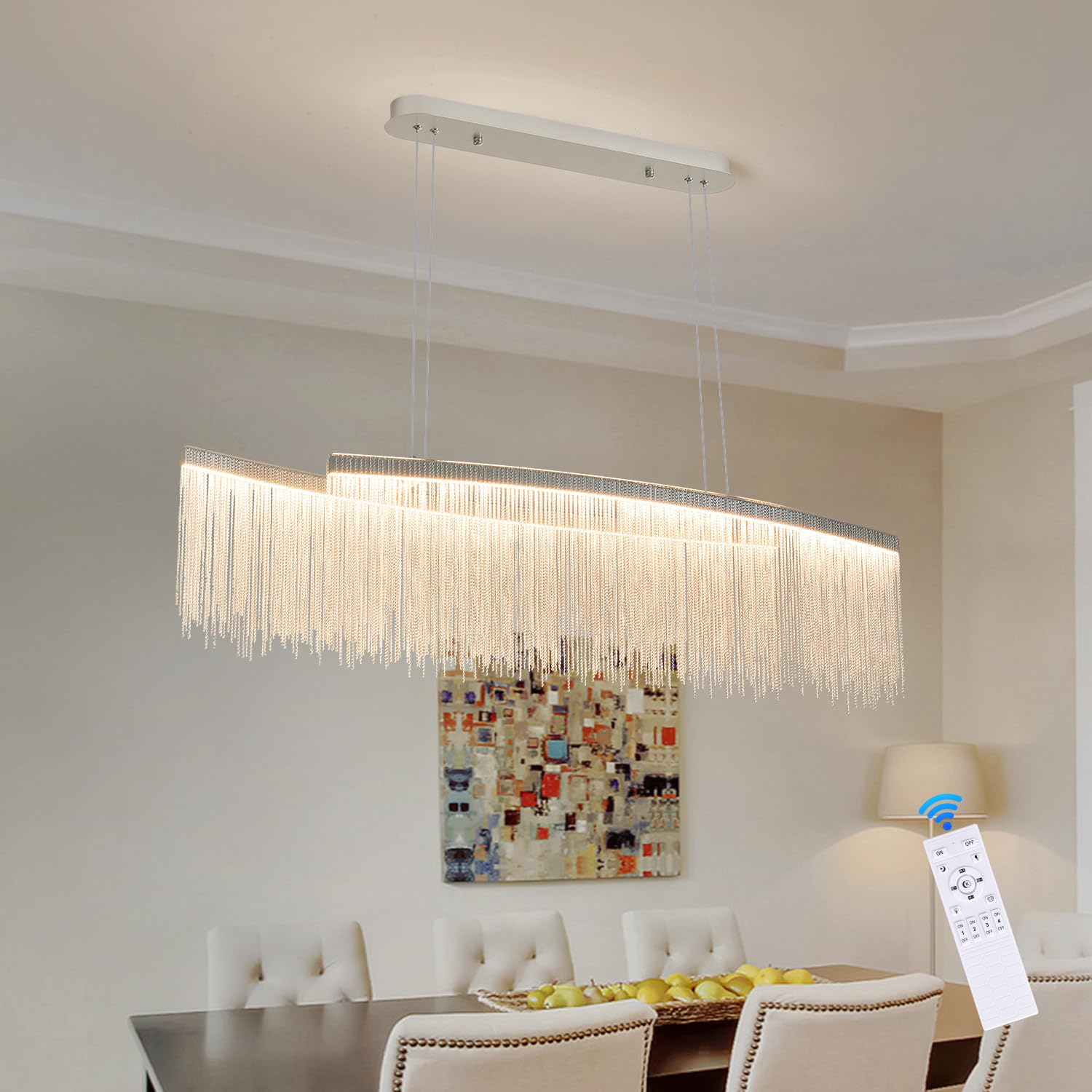 Puvaue Aluminum Tassel Linear Chandelier, LED Dining Light Fixture, L47 Inch, Silver, Ring Model