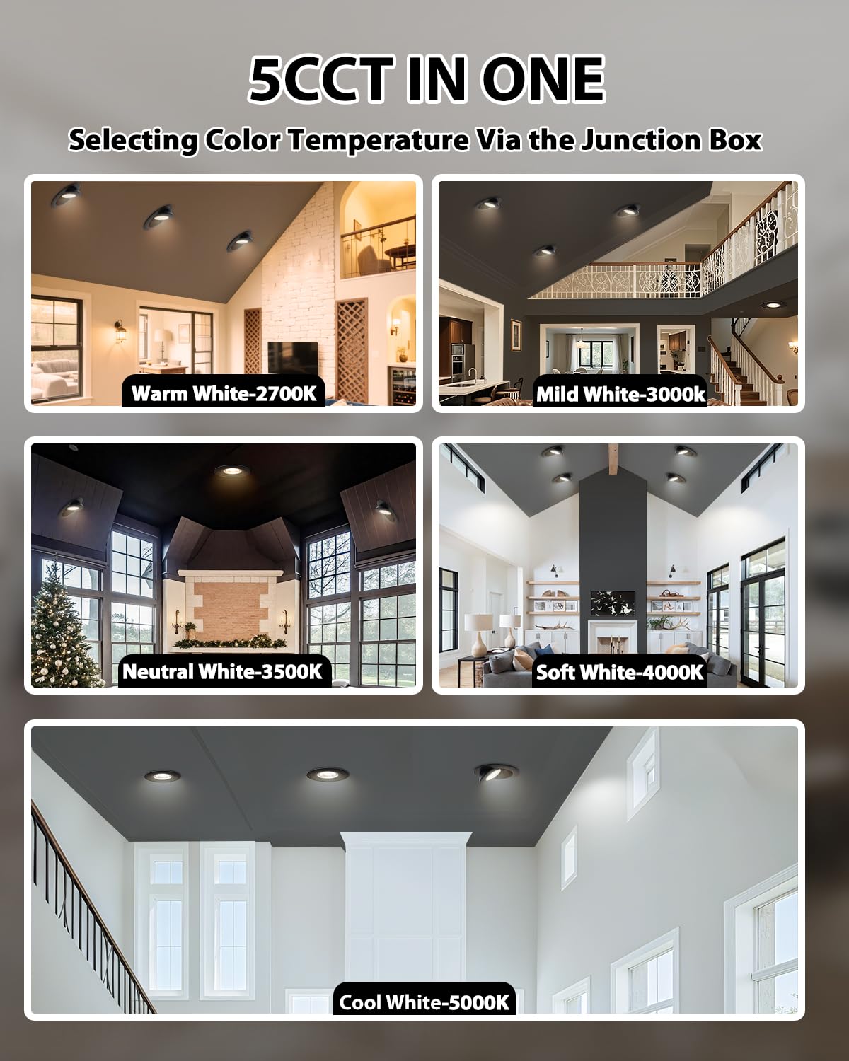 Adetu Led Recessed Lighting 6 Inch  360?90?Adjustable Directional Gimbal 6 Inch Led Recessed Light  2700K-5000K 5Cct Dimmable Retrofit Eyeball Can Recessed Lights With Jbox  Et (Black 6 Pack)