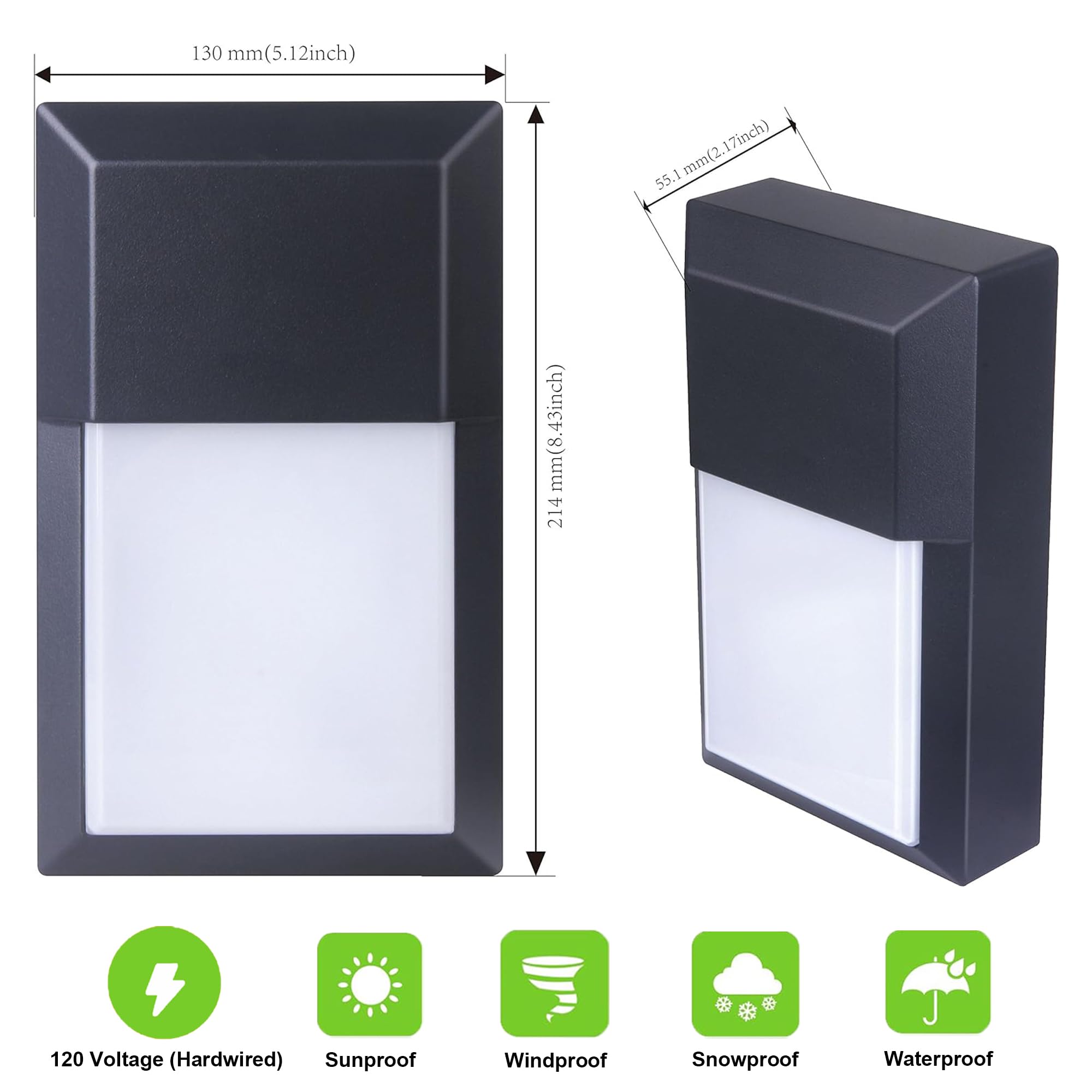 LIT-PaTH Outdoor LED Wall Lantern, 12W 1000 Lumens, Aluminum, 3000K Black, 2-Pack, Model YL-WP09ND30K