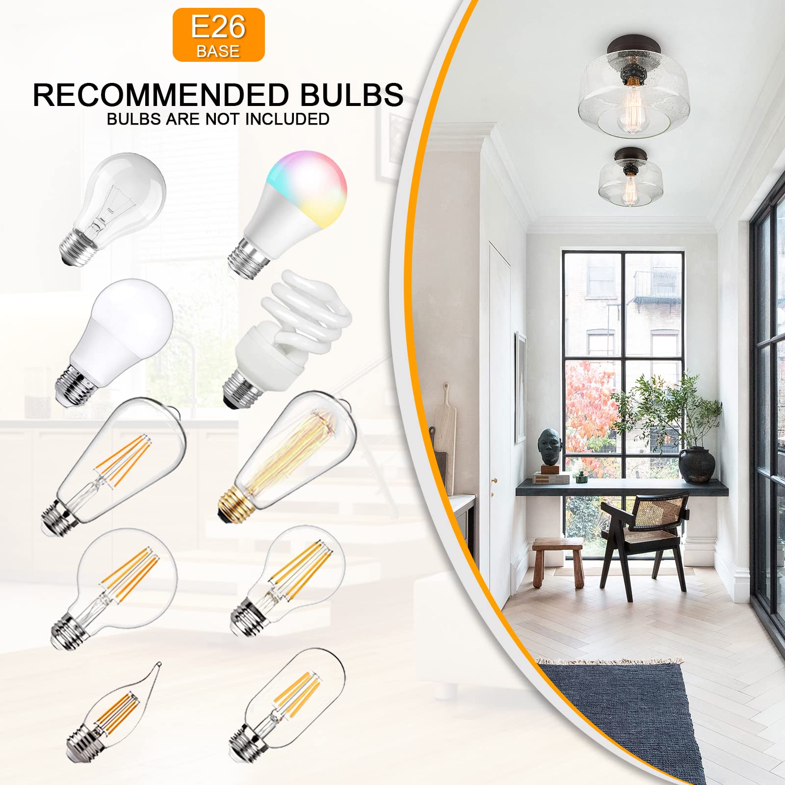 Sunrider Industrial Semi-Flush Mount Ceiling Light Fixture, Seeded Glass Pendant Lamp Shade, Brown Indoor Farmhouse Lights For H