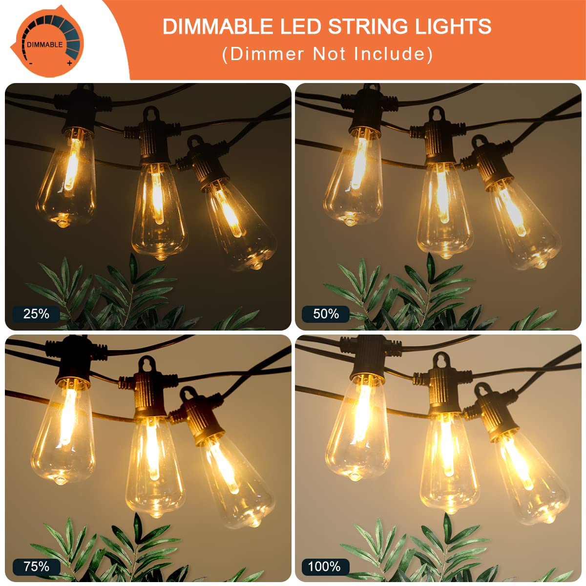 Kawaya Outdoor Patio String Lights: 25 Ft Led Outside Patio Lights With 12 Shatterproof Vintage Bulbs - 2700K Dimmable Ip65 Wate