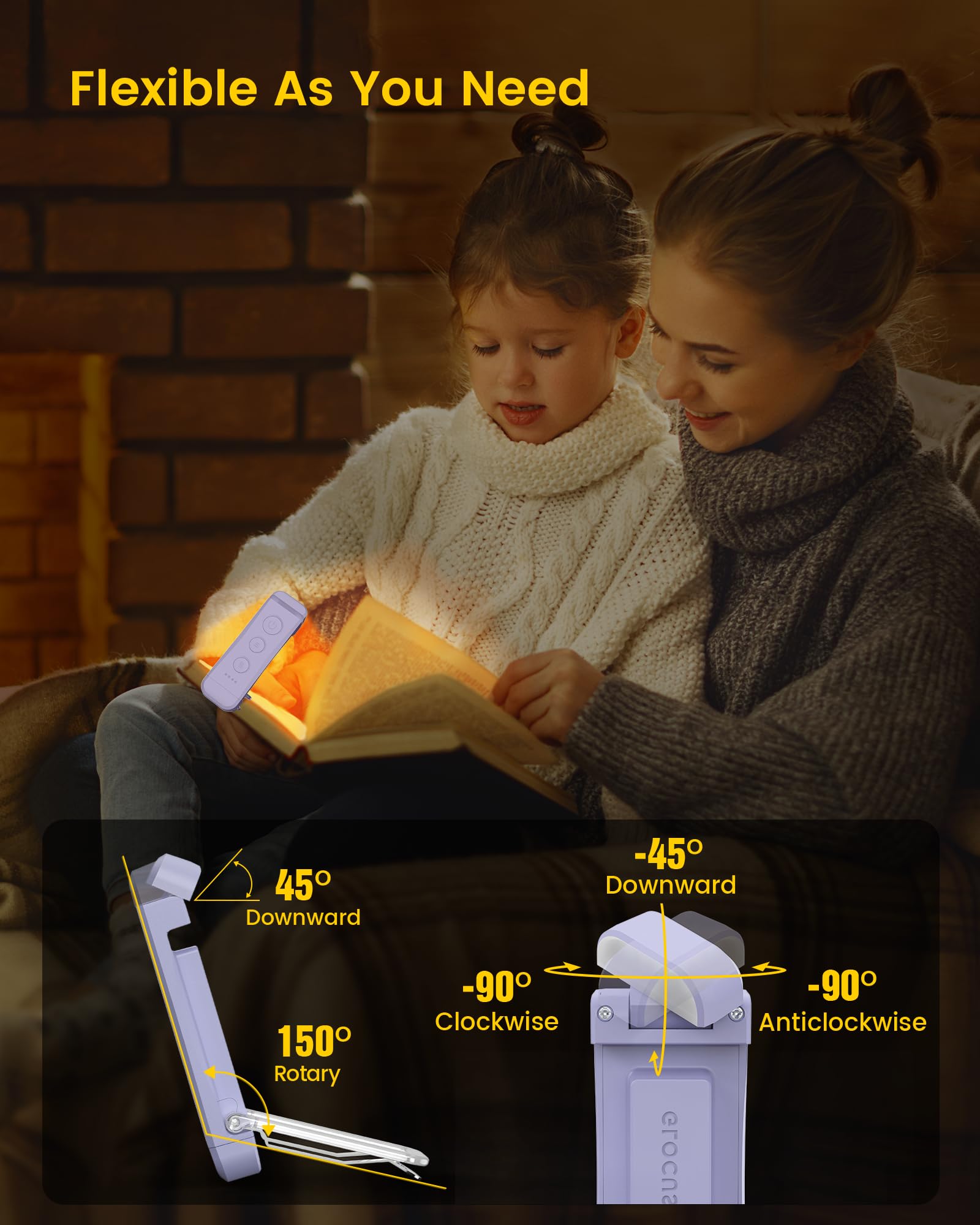 Glocusent USB Rechargeable Clip-on LED Book Light, 3 Amber Colors, 5 Brightness Levels, Compact 10.4x3.4x1.5 cm, Purple, Model