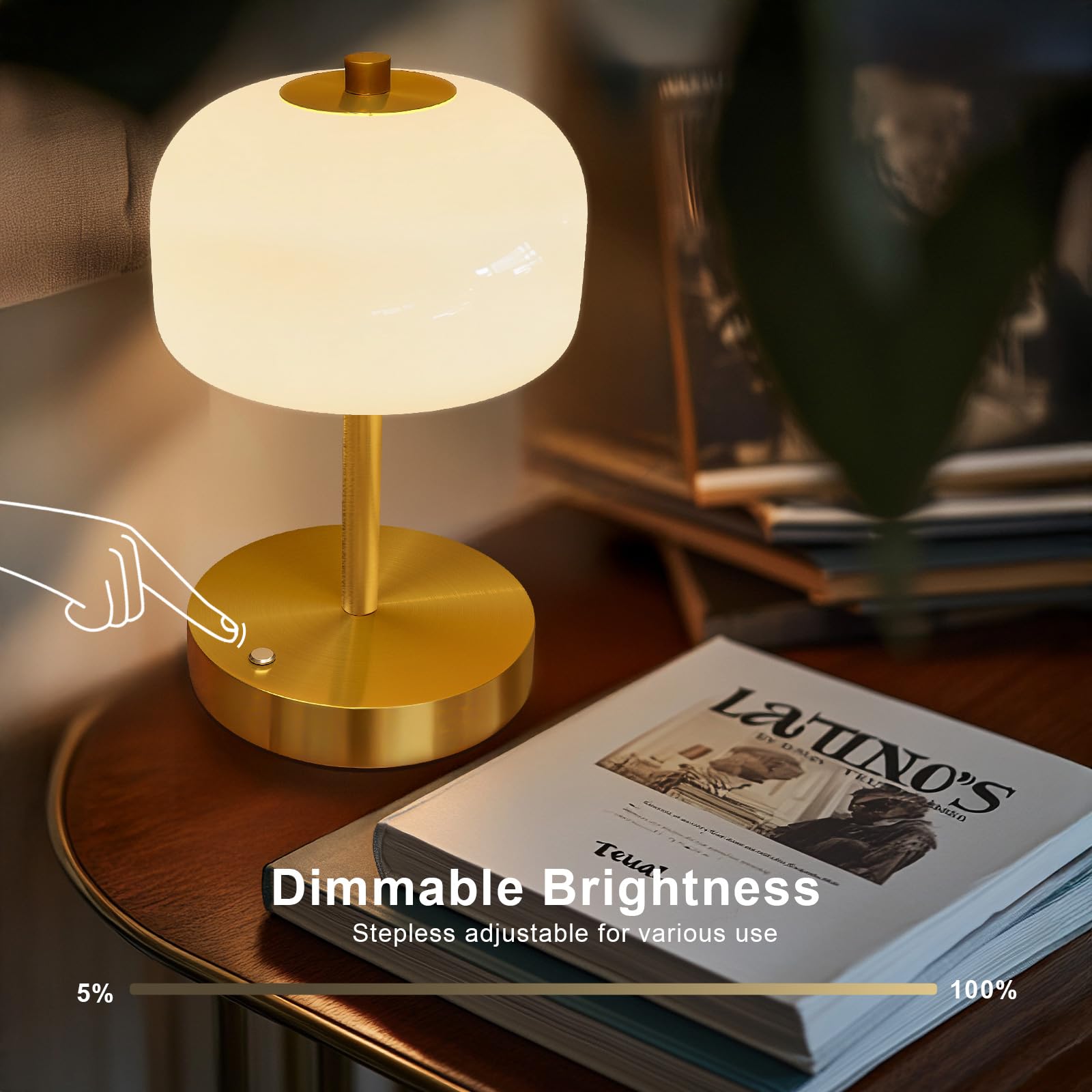 Oneach 9'' Cordless Table Lamp, Gold Rechargeable Battery Operated Lamp, 3-Way Stepless Dimming Touch Lamps, Small Glass Bedside