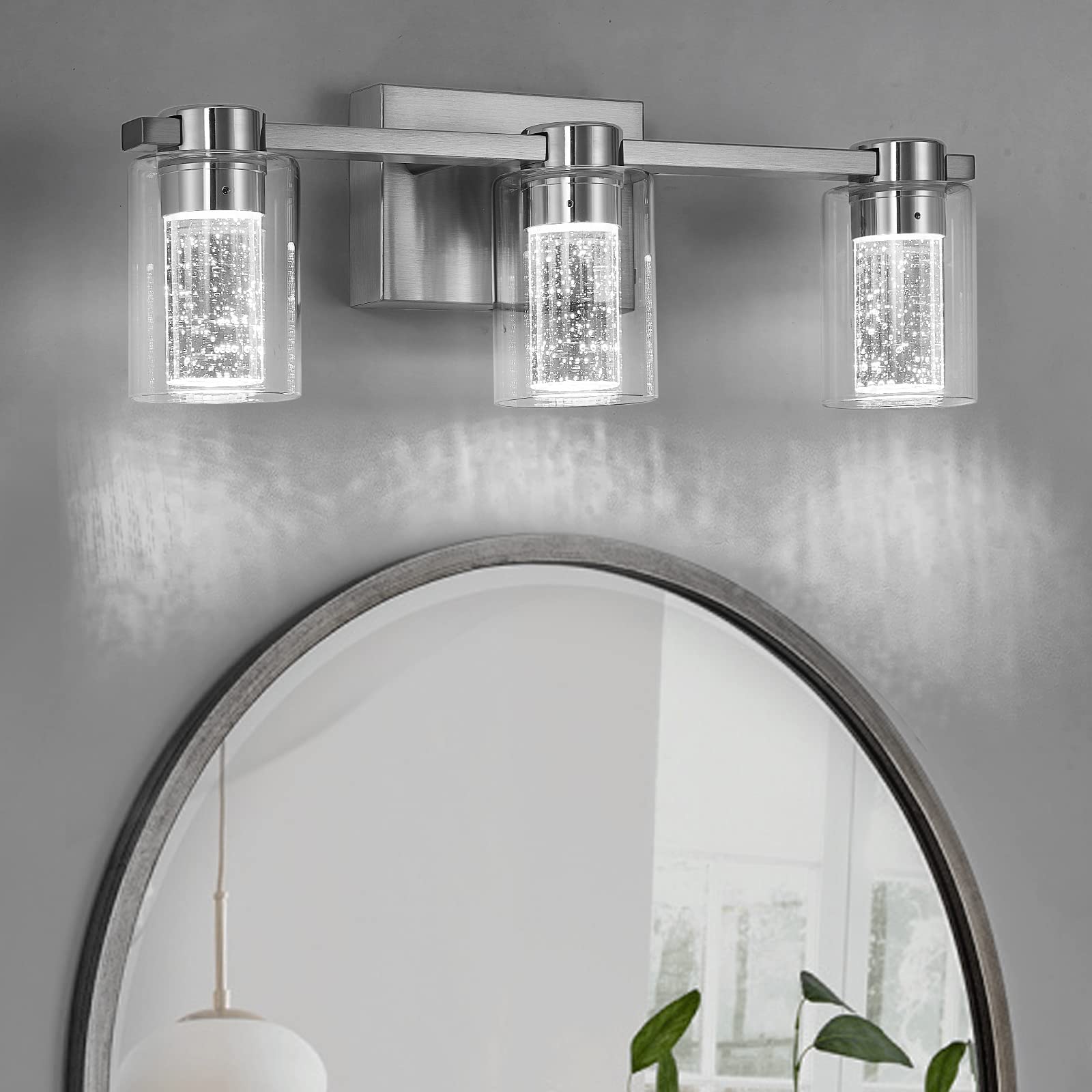 Zhizenl Bathroom Light Fixtures, Brushed Nickel 3 Light Bathroom Vanity Light Over Mirror, Modern Crystal Dimmable Led Vanity Lights With Clear Glass Shade For Bedroom Living Room